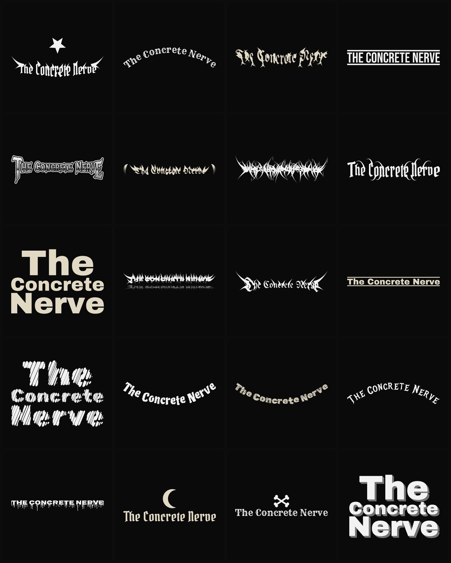 Twenty The Concrete Nerve band logo ideas — different faces, treatments and spike settings