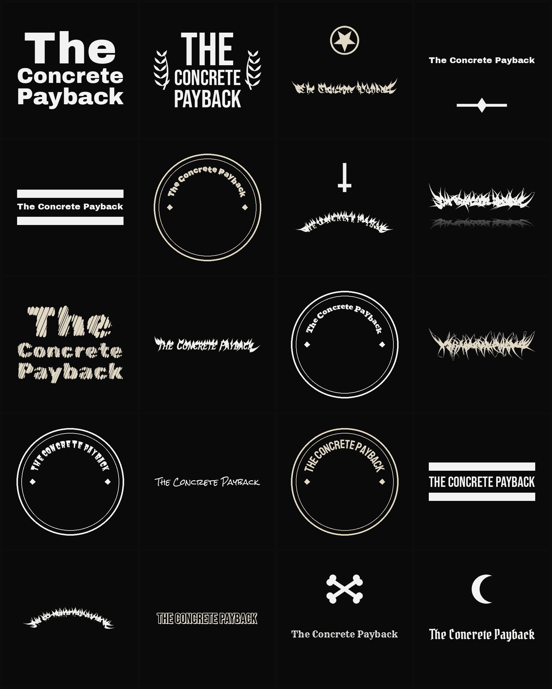 Twenty The Concrete Payback band logo ideas — different faces, treatments and spike settings