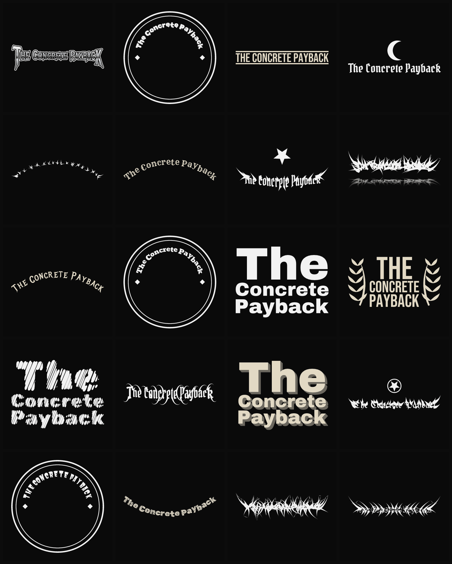 Twenty The Concrete Payback band logo ideas — different faces, treatments and spike settings