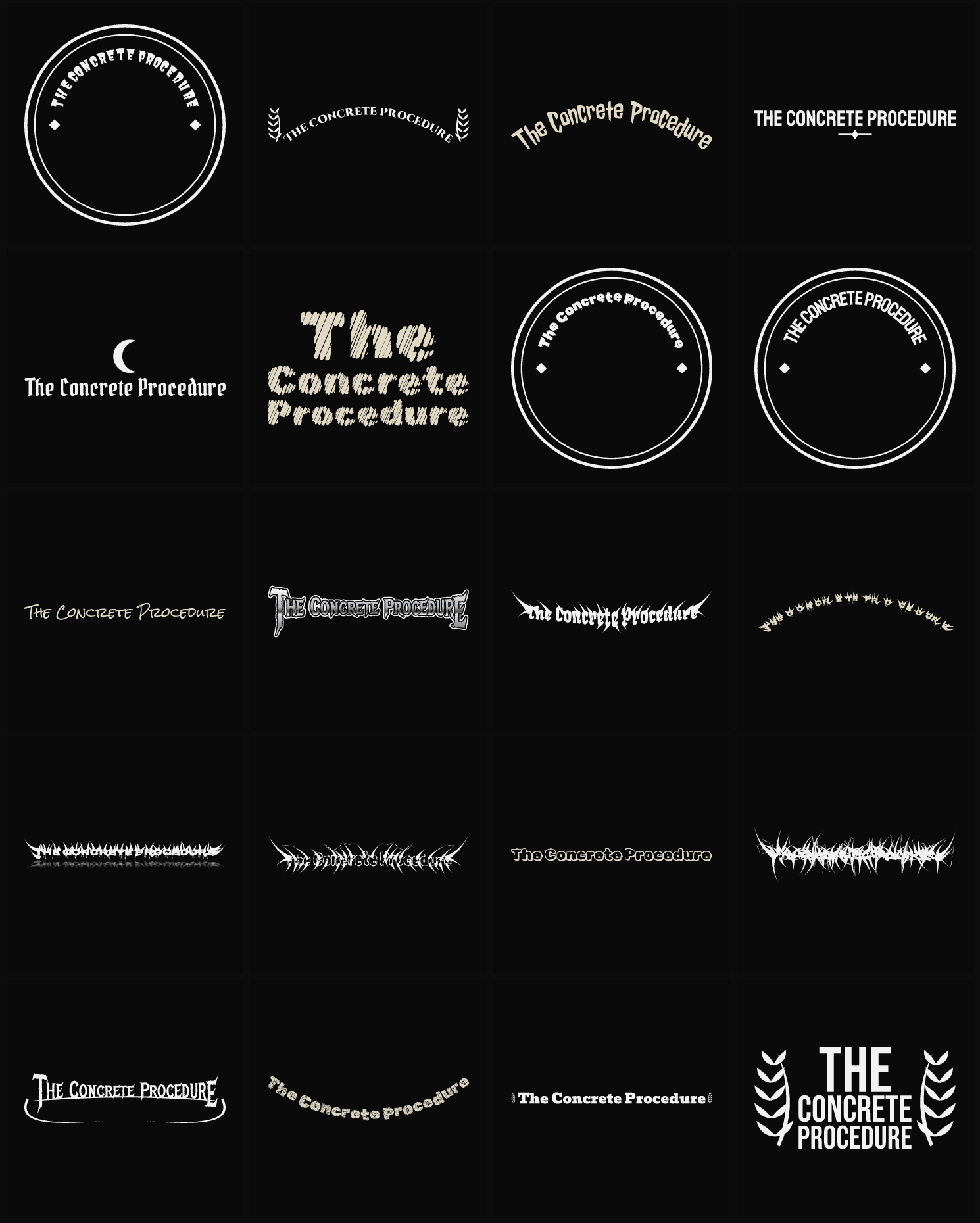 Twenty The Concrete Procedure band logo ideas — different faces, treatments and spike settings