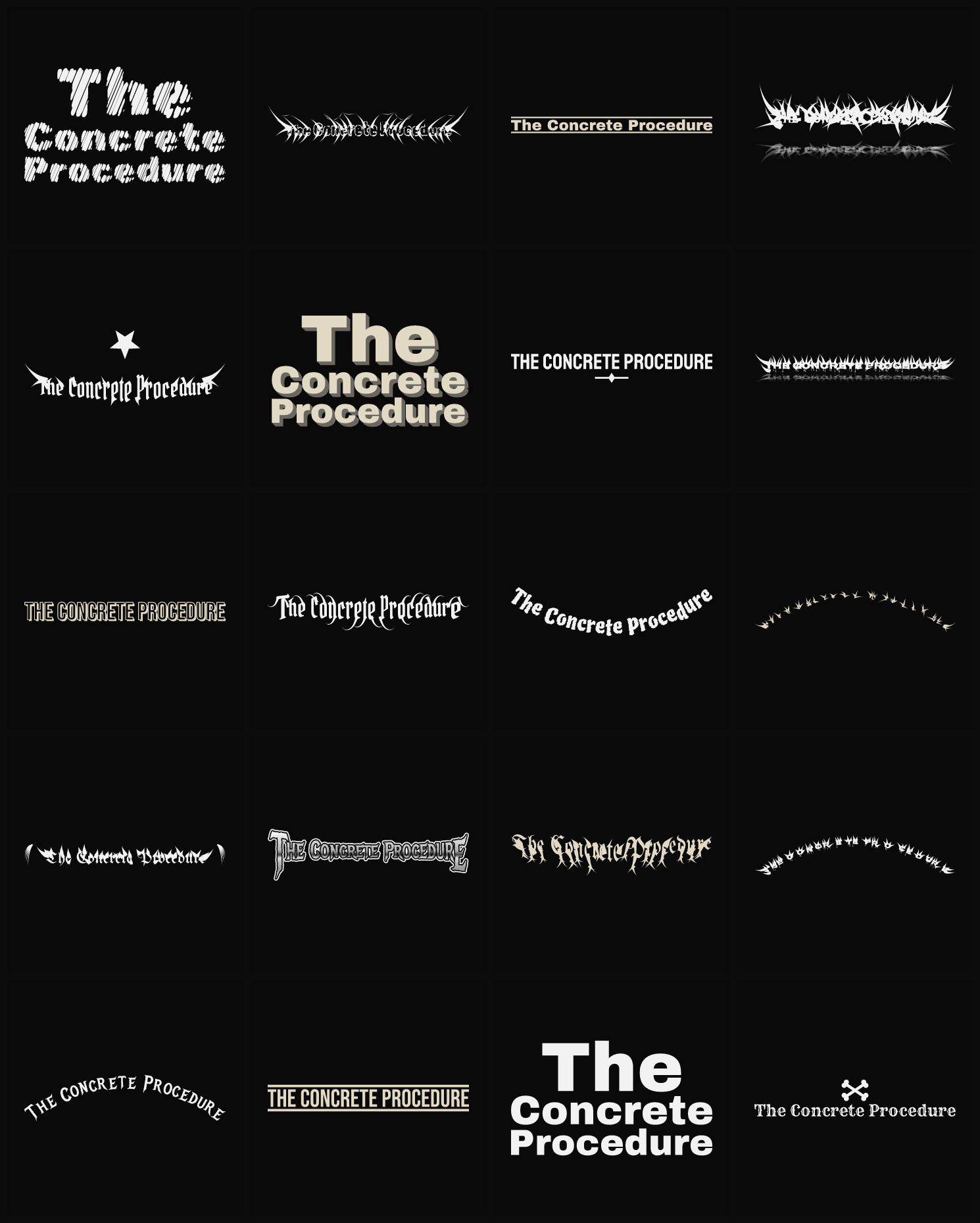 Twenty The Concrete Procedure band logo ideas — different faces, treatments and spike settings