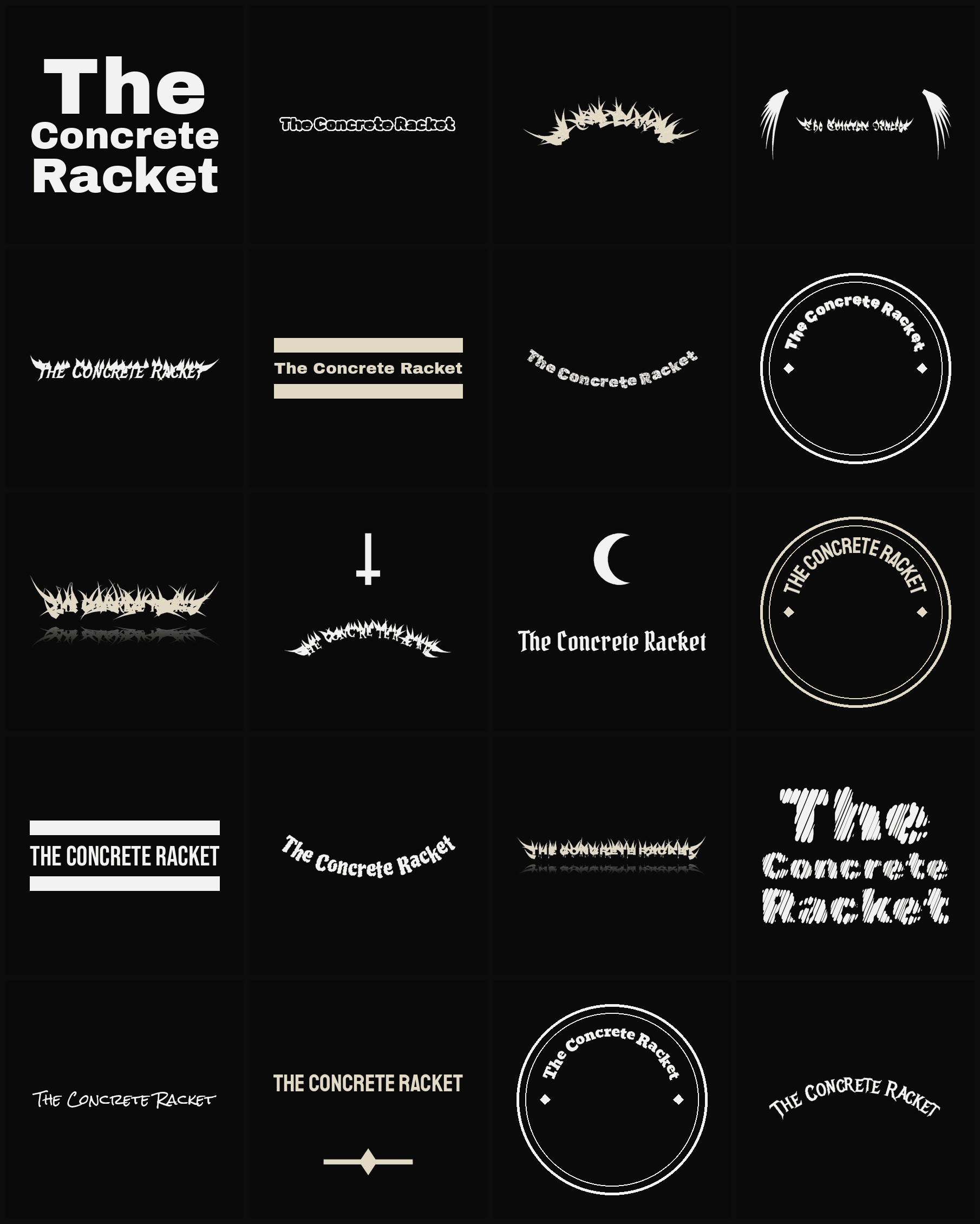 Twenty The Concrete Racket band logo ideas — different faces, treatments and spike settings