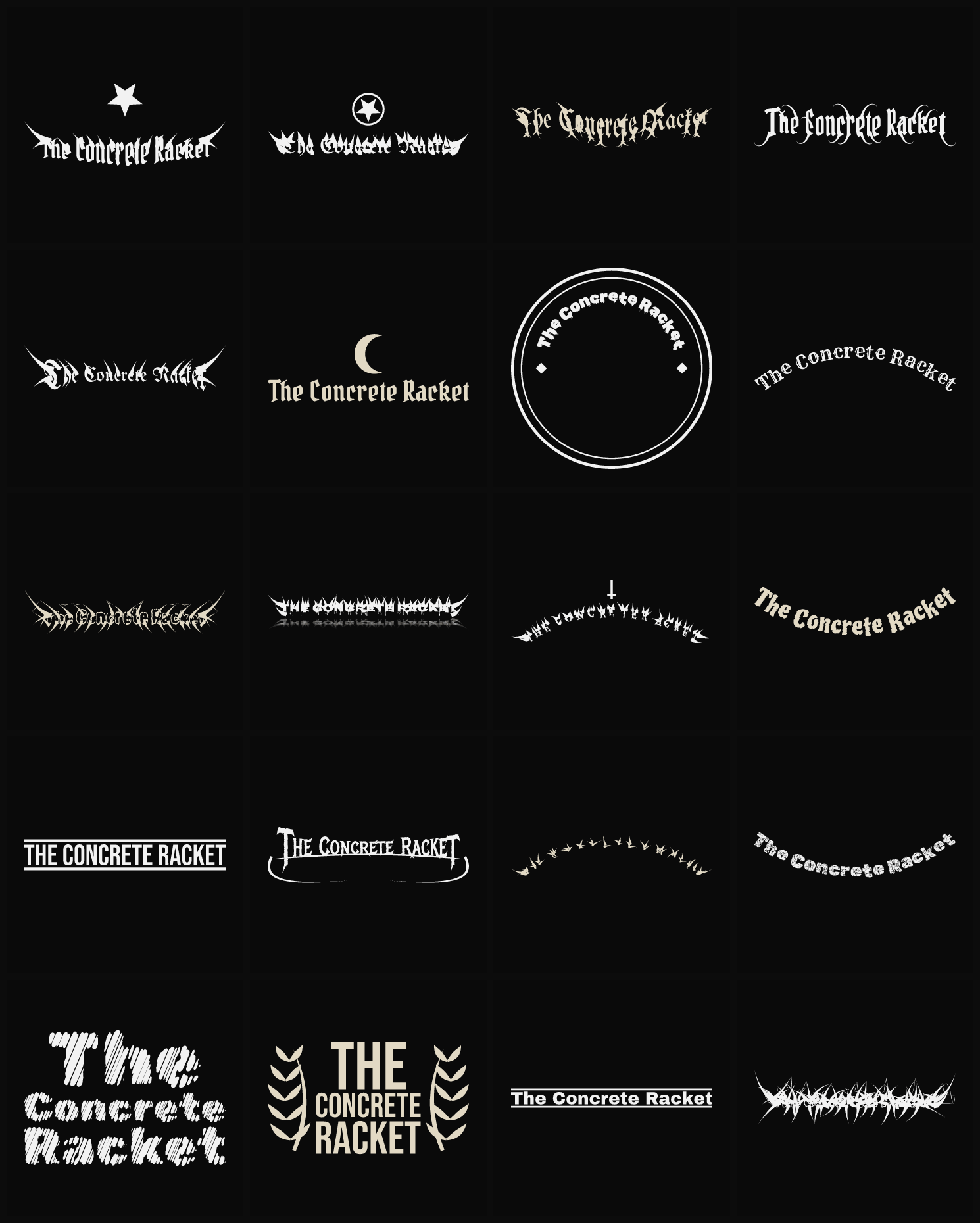Twenty The Concrete Racket band logo ideas — different faces, treatments and spike settings