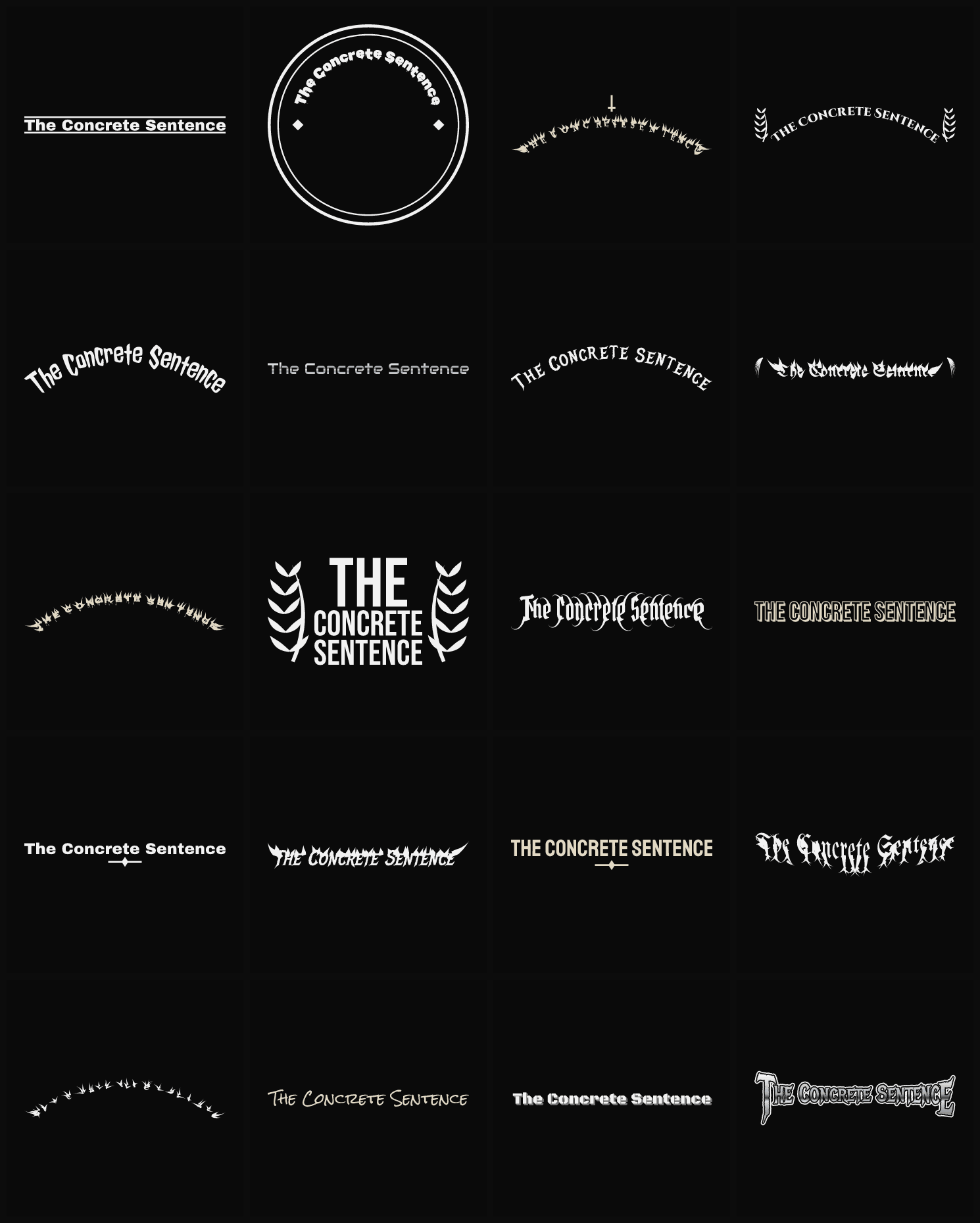 Twenty The Concrete Sentence band logo ideas — different faces, treatments and spike settings