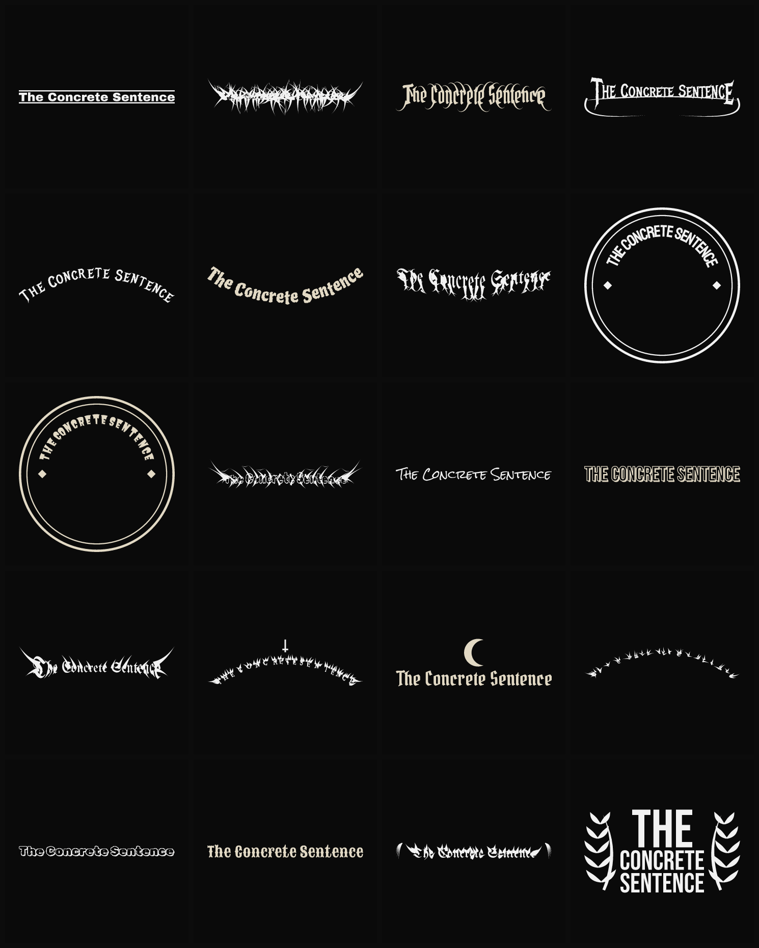 Twenty The Concrete Sentence band logo ideas — different faces, treatments and spike settings