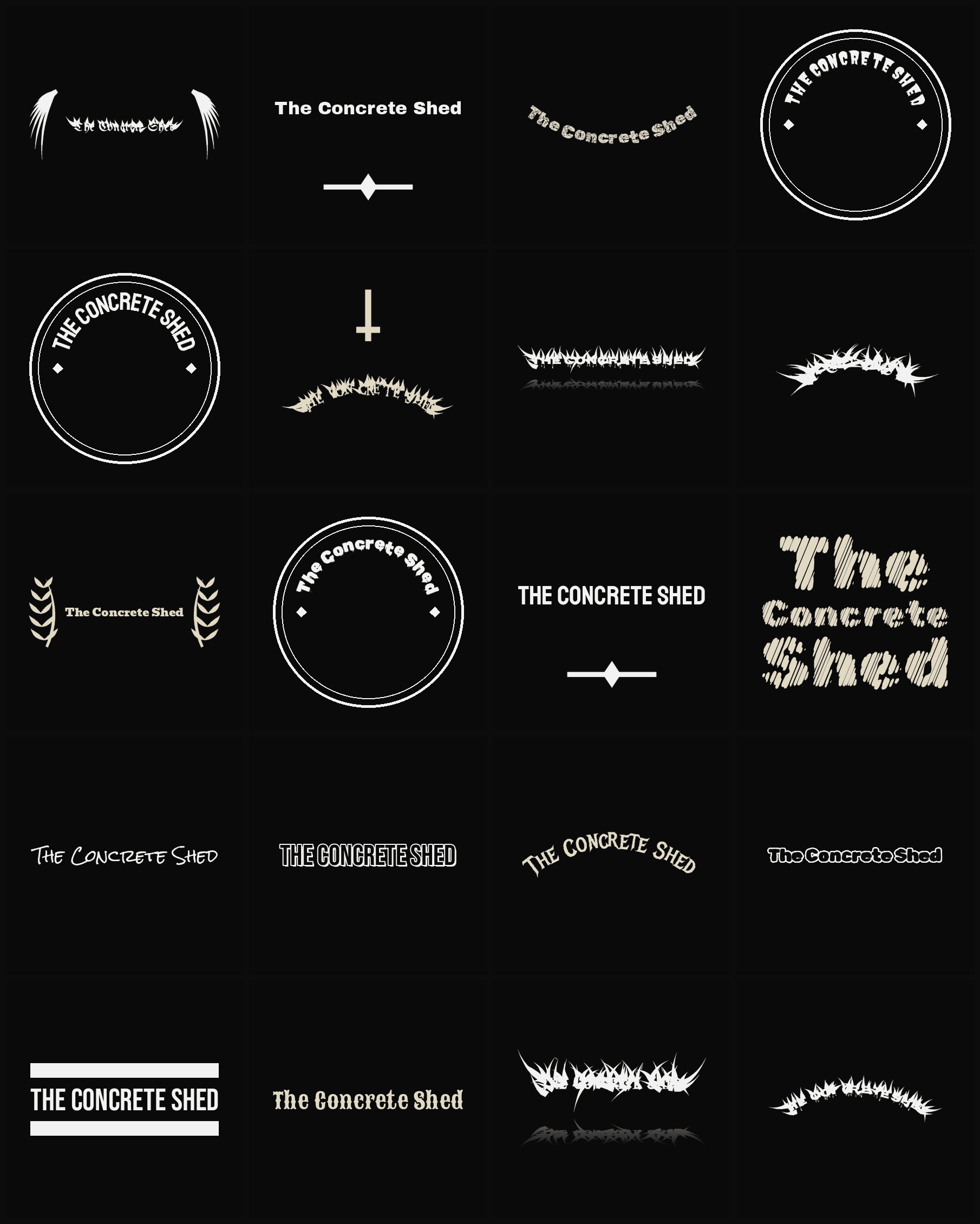 Twenty The Concrete Shed band logo ideas — different faces, treatments and spike settings