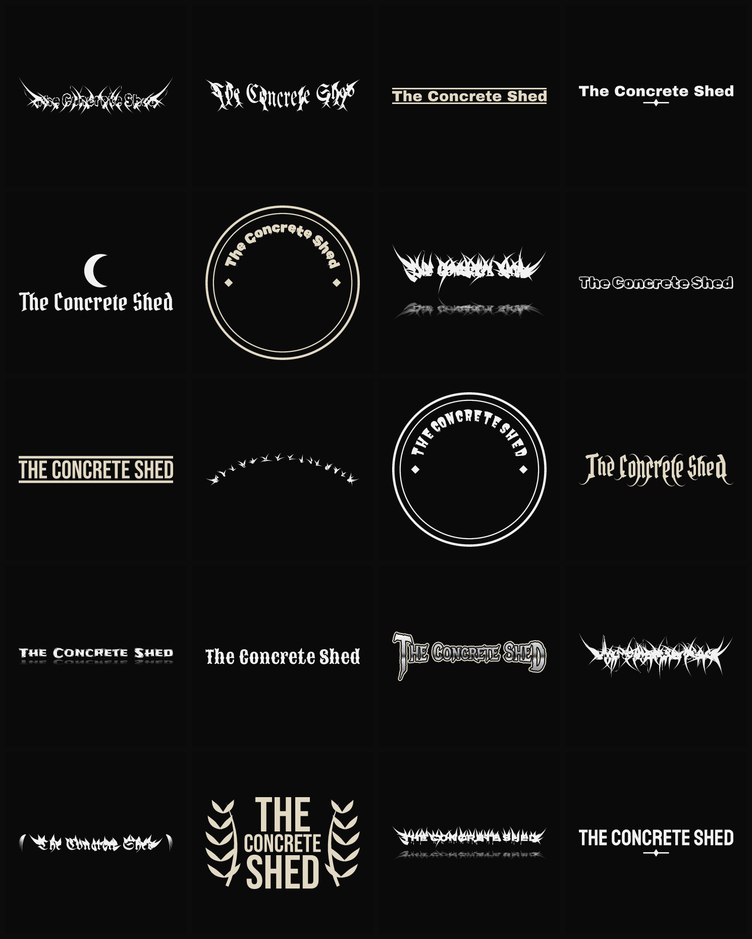 Twenty The Concrete Shed band logo ideas — different faces, treatments and spike settings