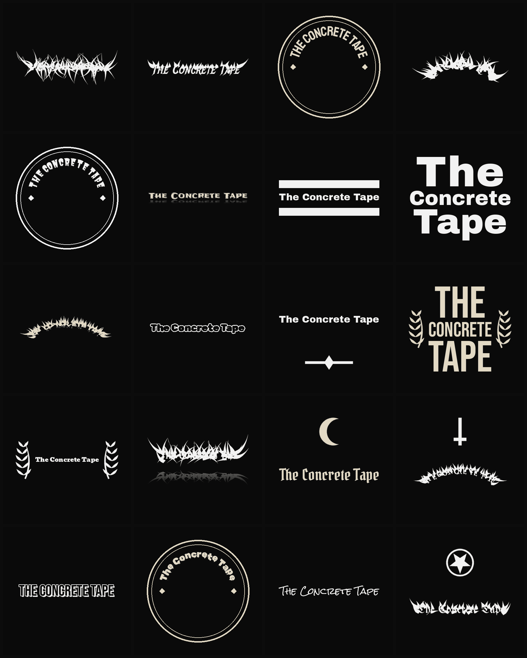 Twenty The Concrete Tape band logo ideas — different faces, treatments and spike settings