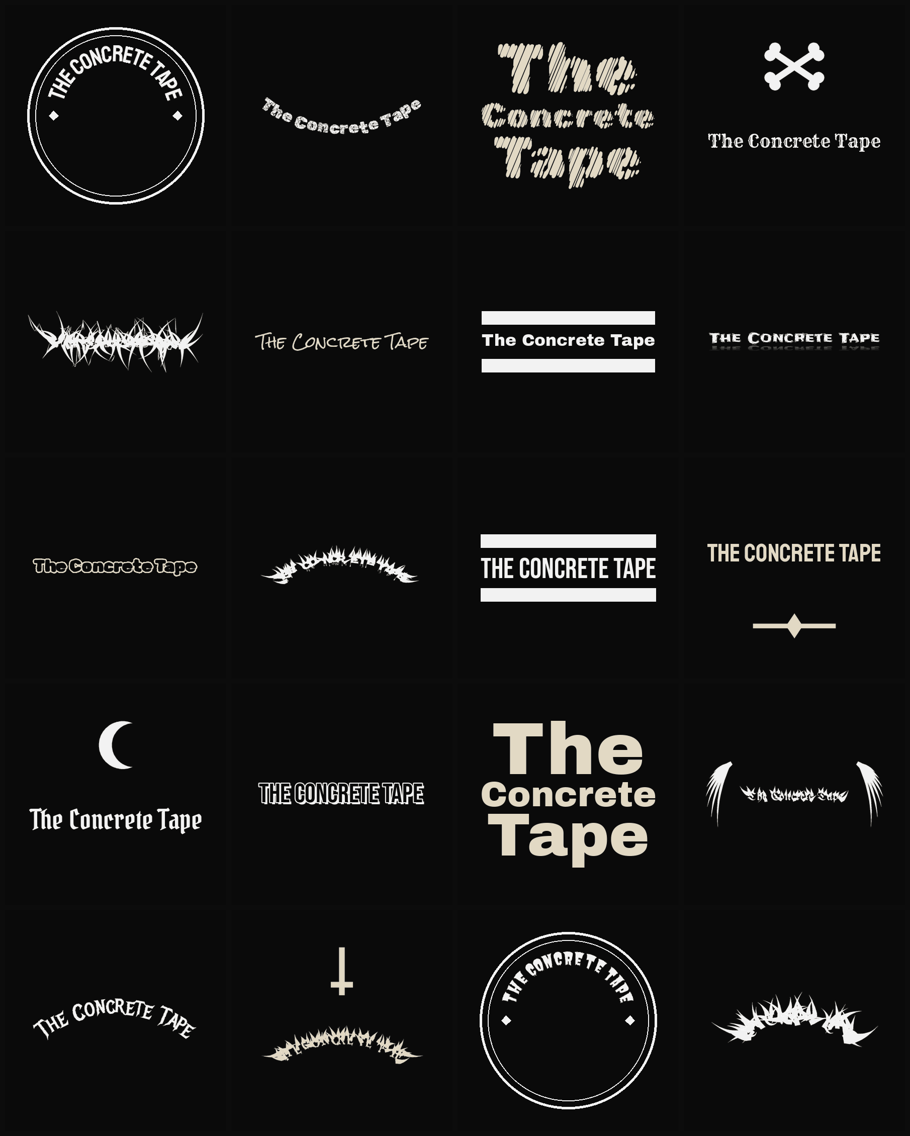 Twenty The Concrete Tape band logo ideas — different faces, treatments and spike settings