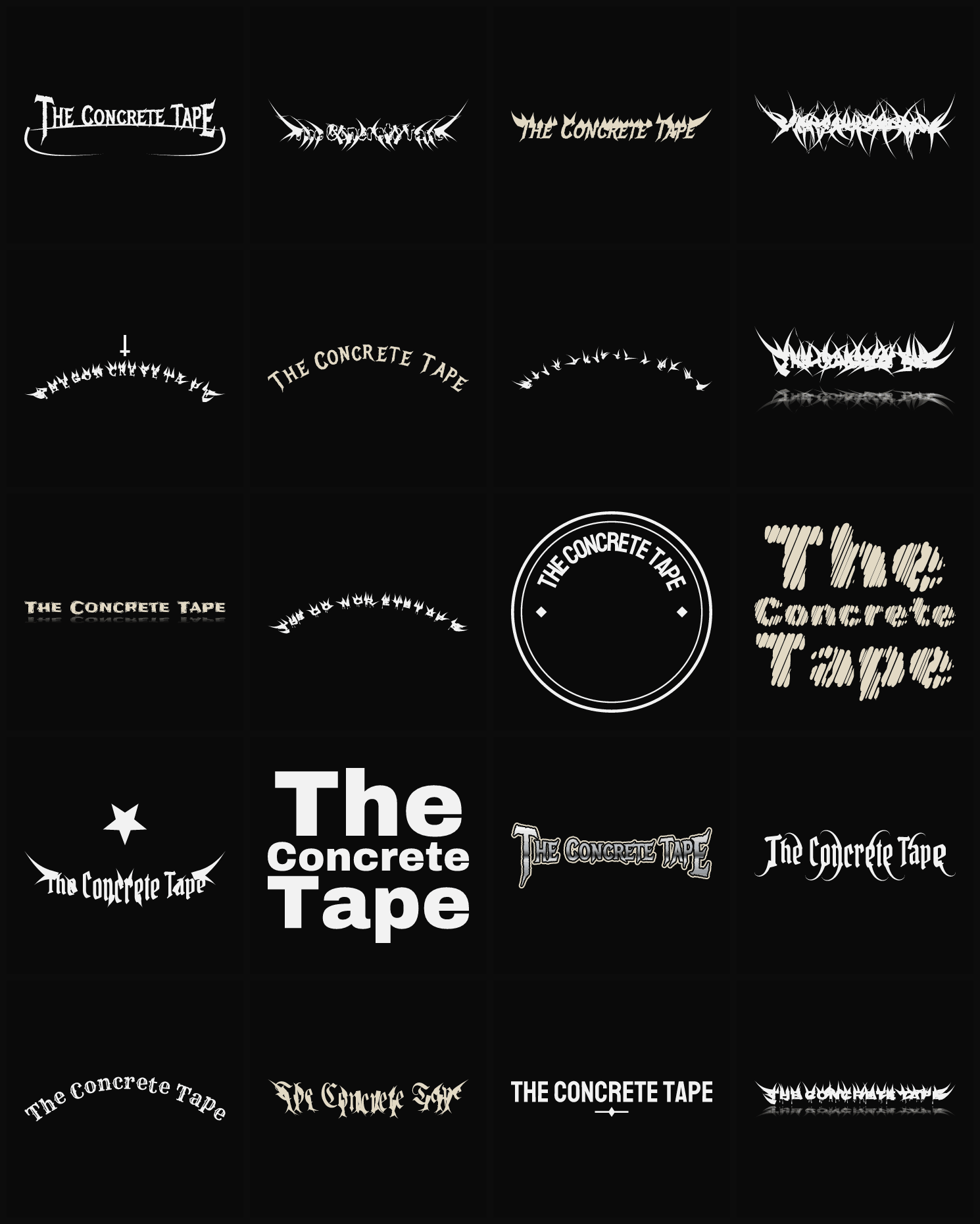 Twenty The Concrete Tape band logo ideas — different faces, treatments and spike settings