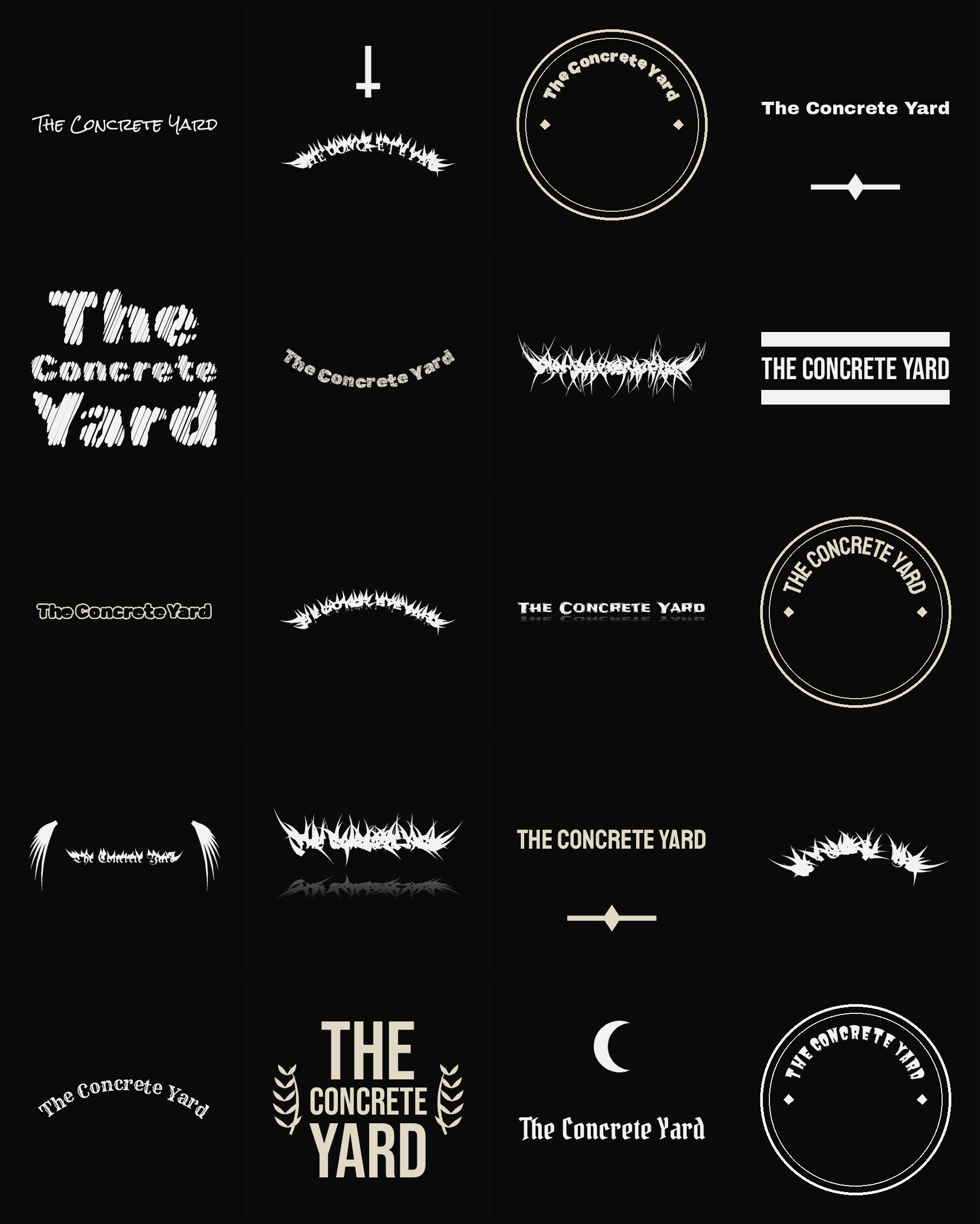 Twenty The Concrete Yard band logo ideas — different faces, treatments and spike settings