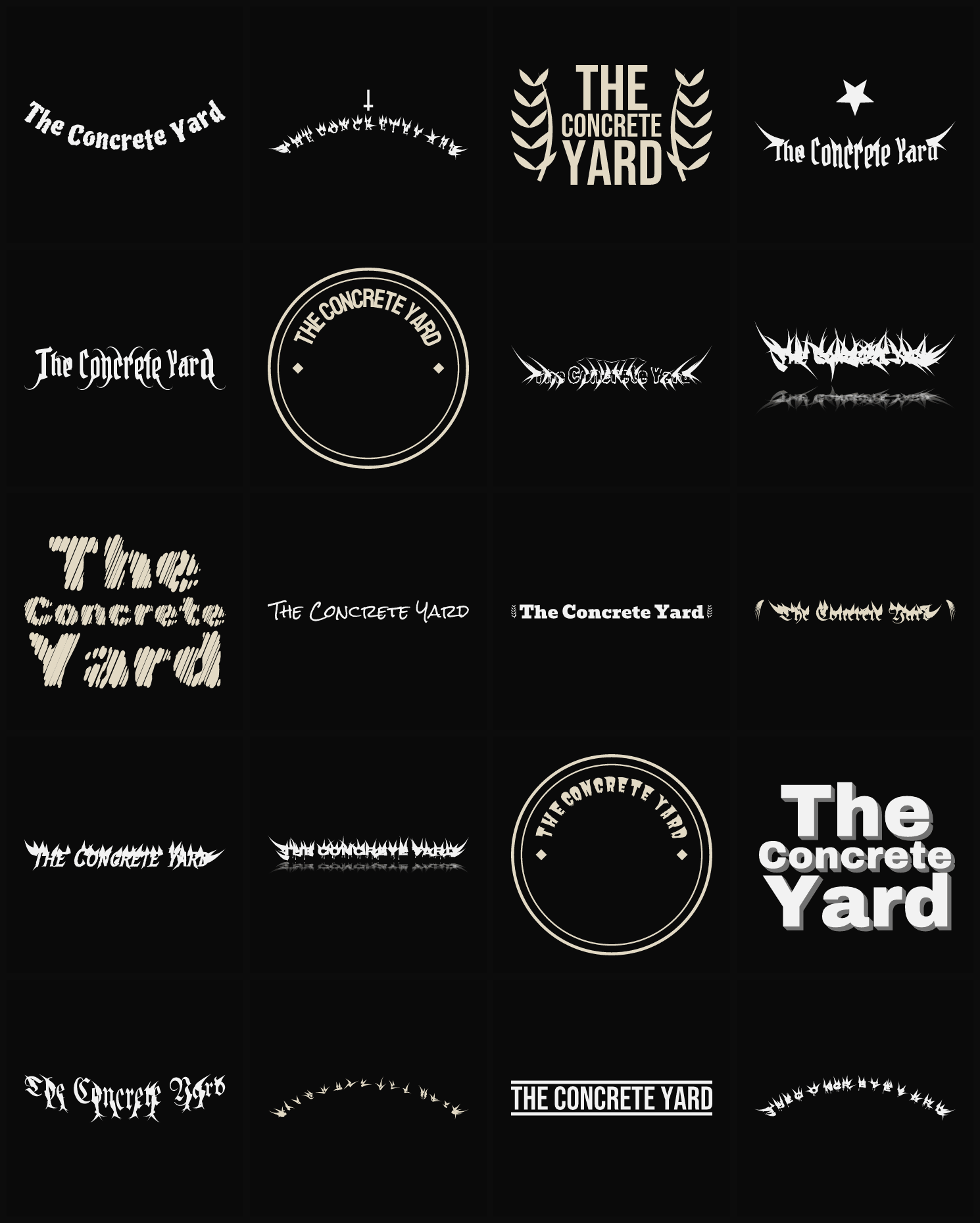Twenty The Concrete Yard band logo ideas — different faces, treatments and spike settings