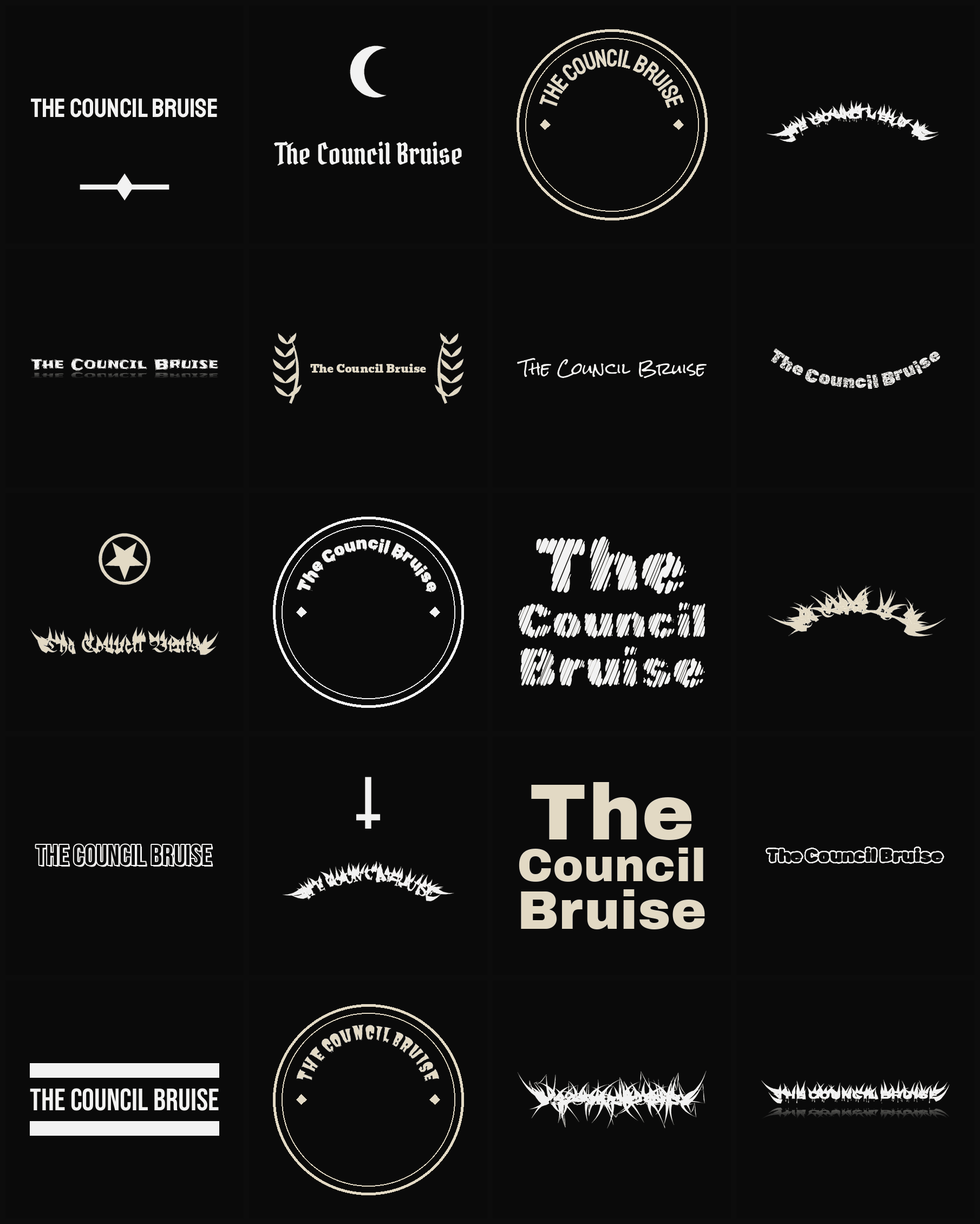 Twenty The Council Bruise band logo ideas — different faces, treatments and spike settings