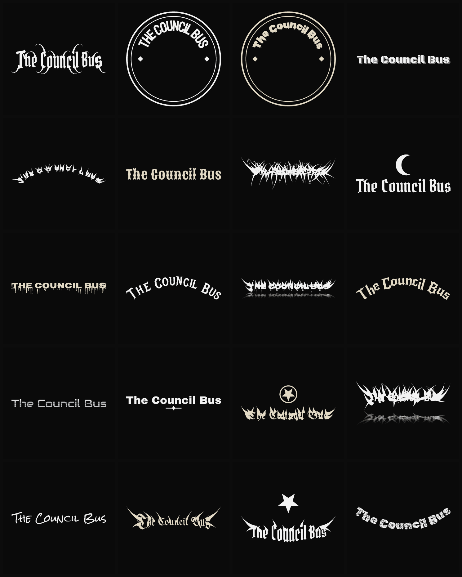 Twenty The Council Bus band logo ideas — different faces, treatments and spike settings