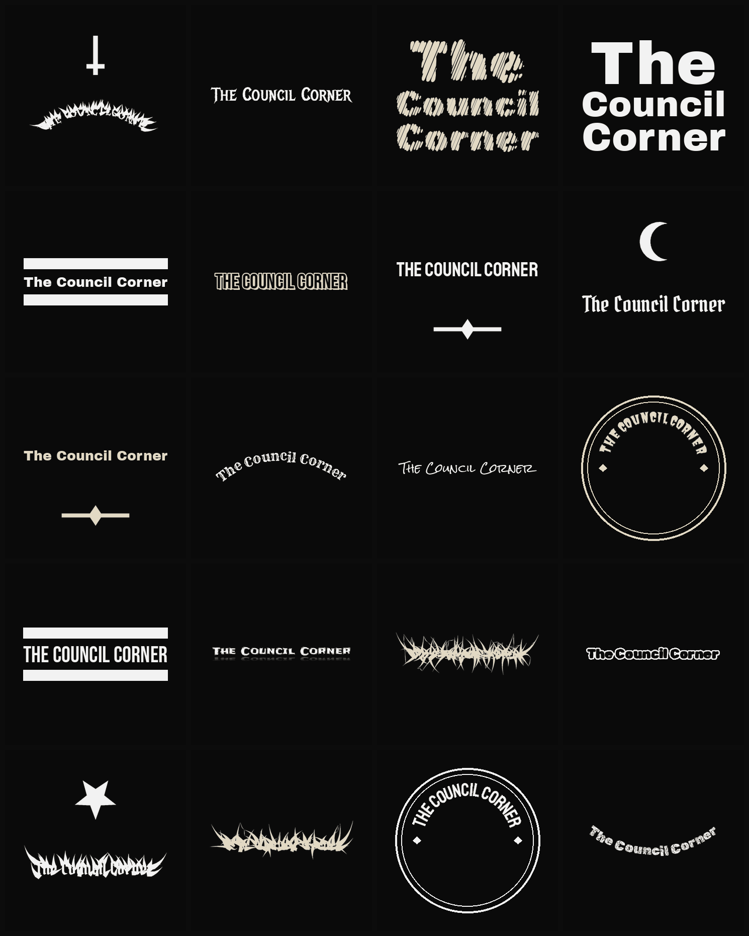 Twenty The Council Corner band logo ideas — different faces, treatments and spike settings