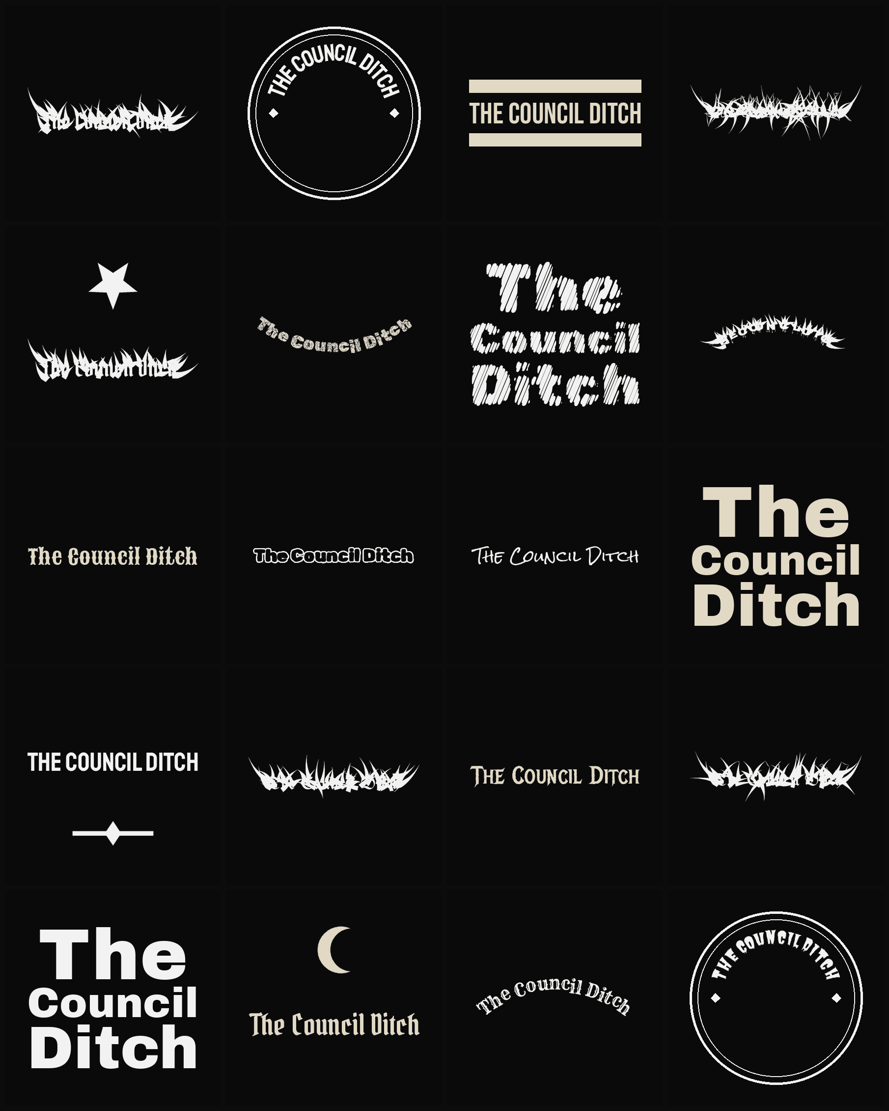 Twenty The Council Ditch band logo ideas — different faces, treatments and spike settings