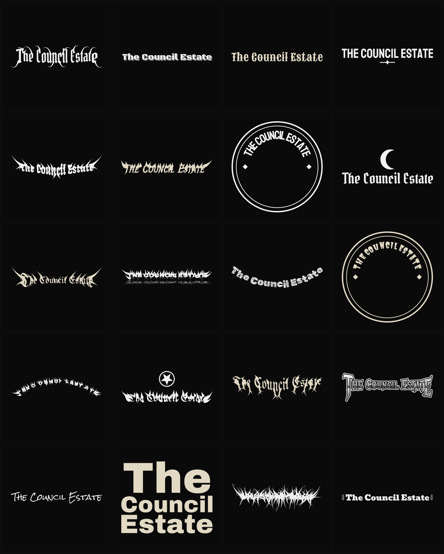 Twenty The Council Estate band logo ideas — different faces, treatments and spike settings