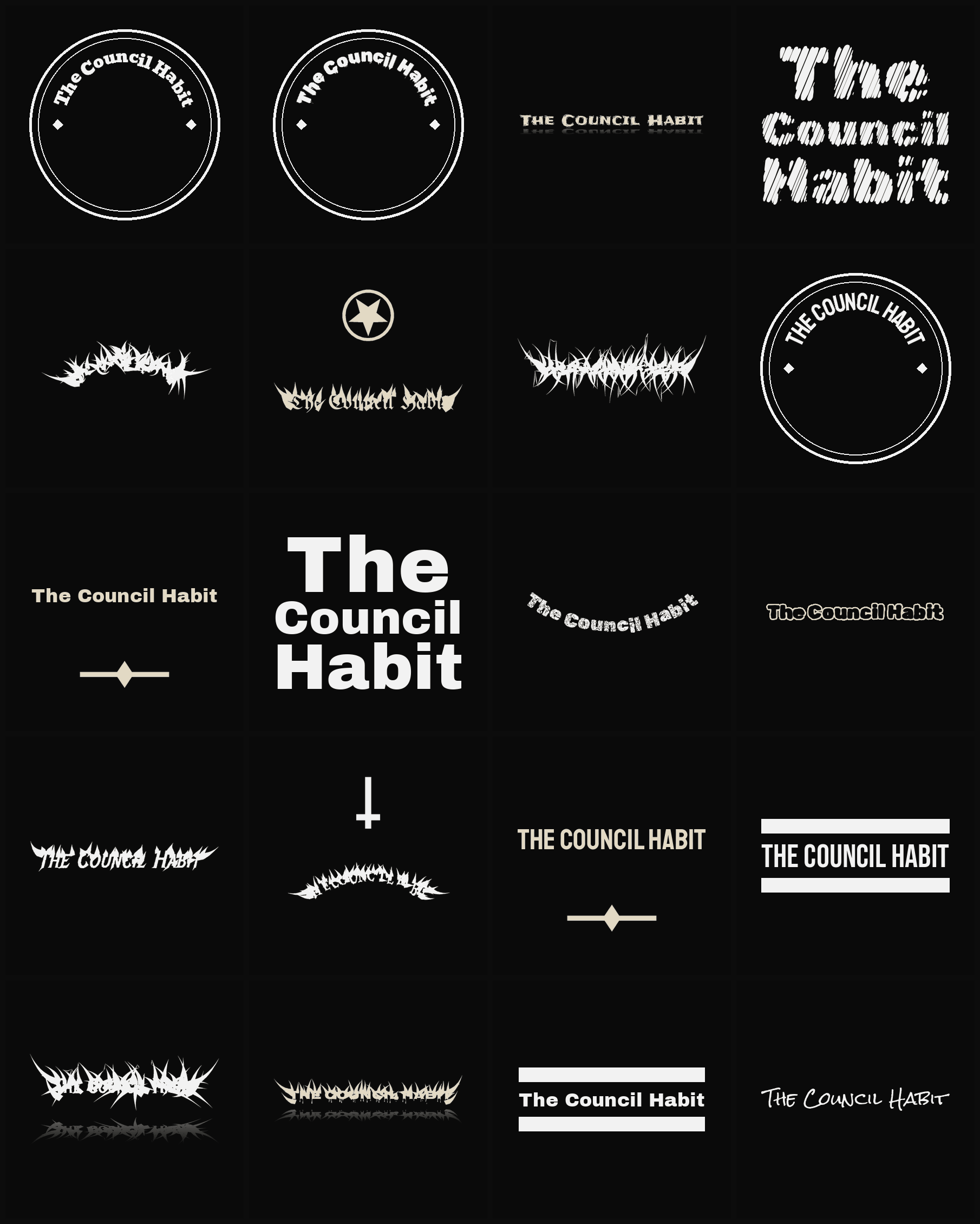 Twenty The Council Habit band logo ideas — different faces, treatments and spike settings