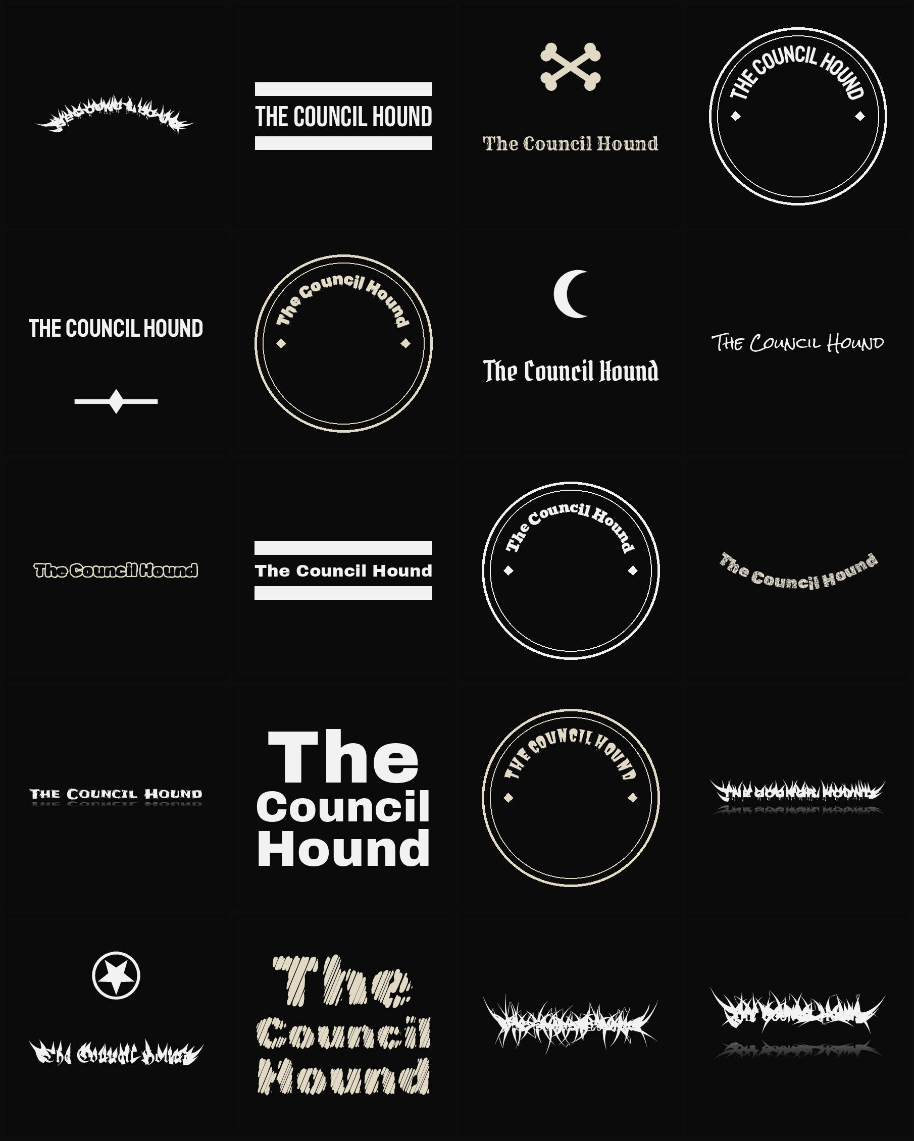 Twenty The Council Hound band logo ideas — different faces, treatments and spike settings