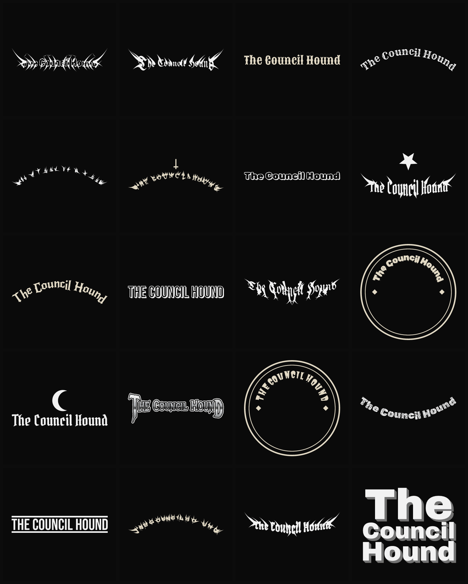 Twenty The Council Hound band logo ideas — different faces, treatments and spike settings
