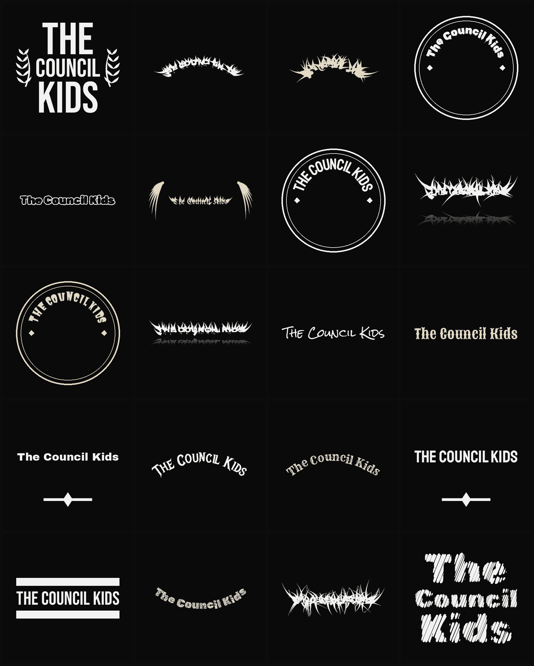 Twenty The Council Kids band logo ideas — different faces, treatments and spike settings