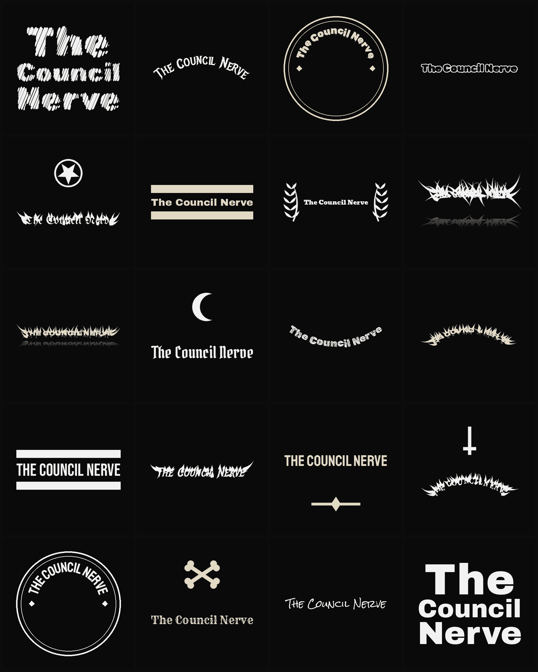 Twenty The Council Nerve band logo ideas — different faces, treatments and spike settings