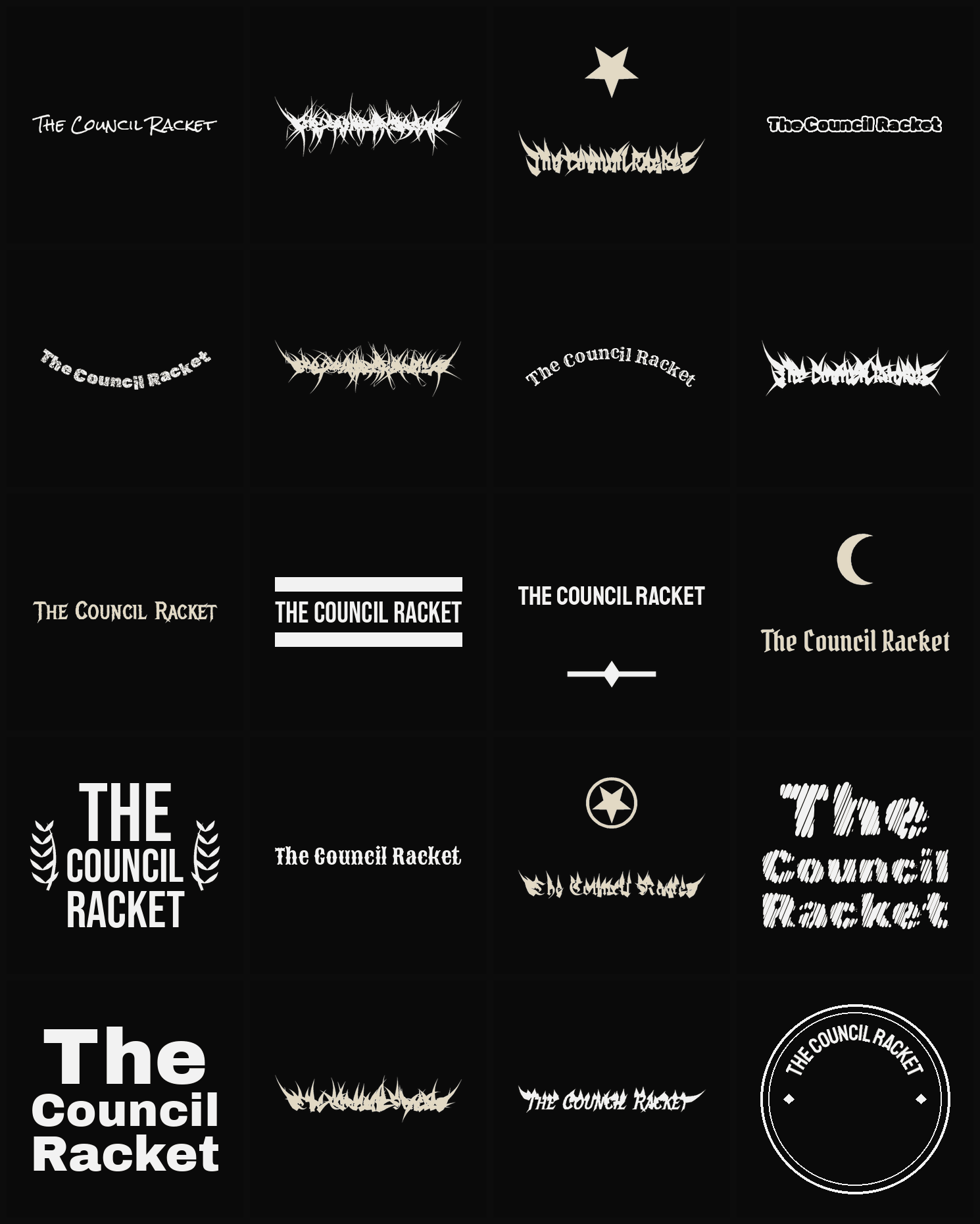 Twenty The Council Racket band logo ideas — different faces, treatments and spike settings