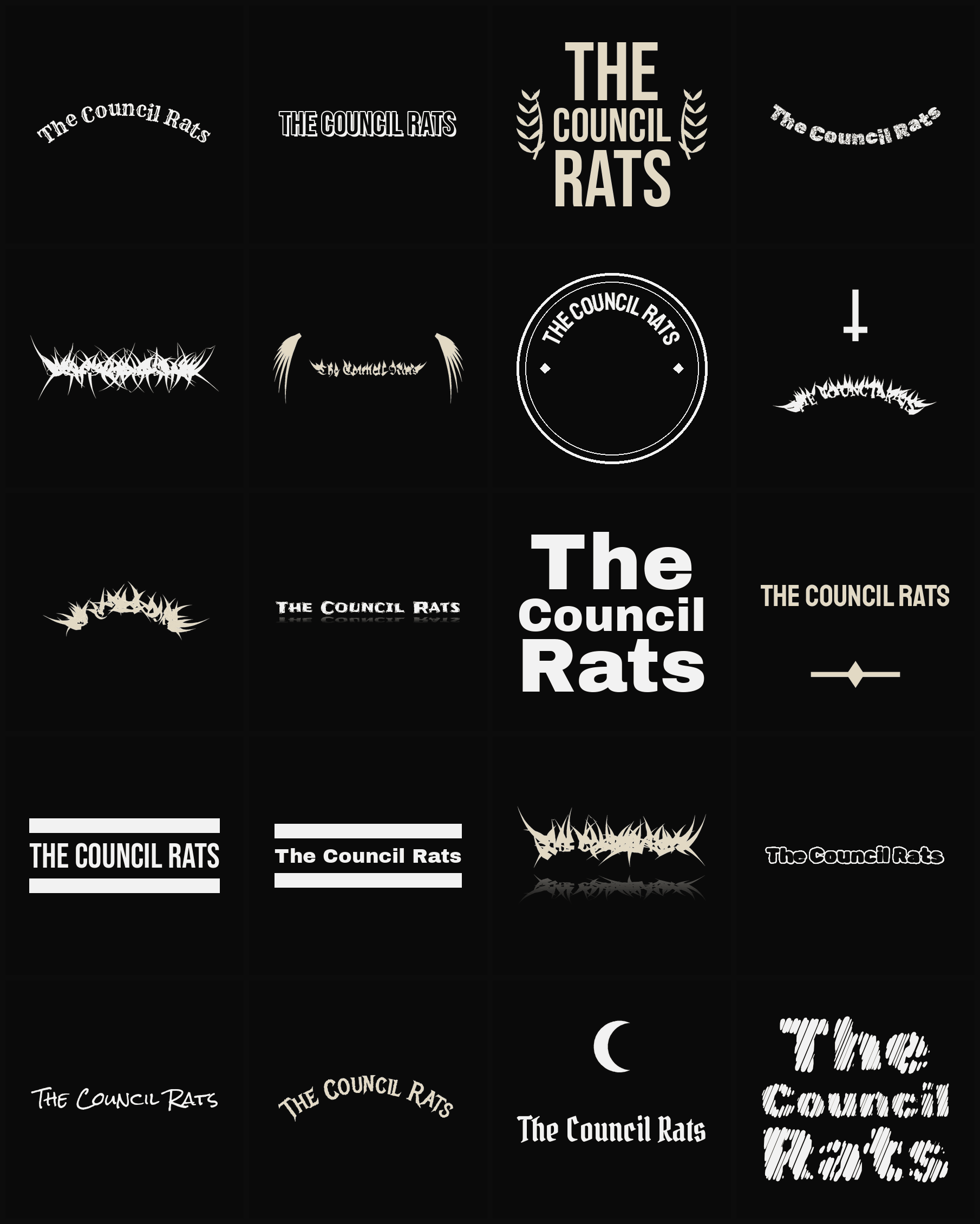 Twenty The Council Rats band logo ideas — different faces, treatments and spike settings