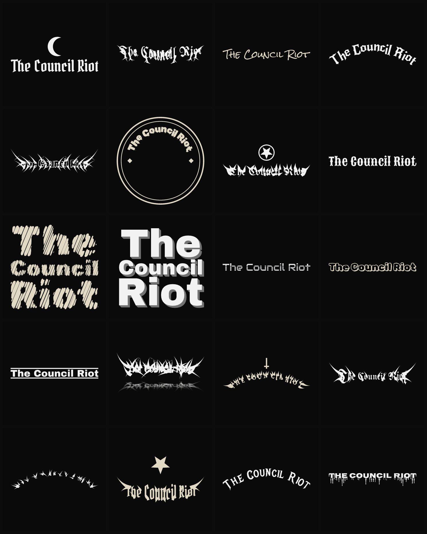 Twenty The Council Riot band logo ideas — different faces, treatments and spike settings
