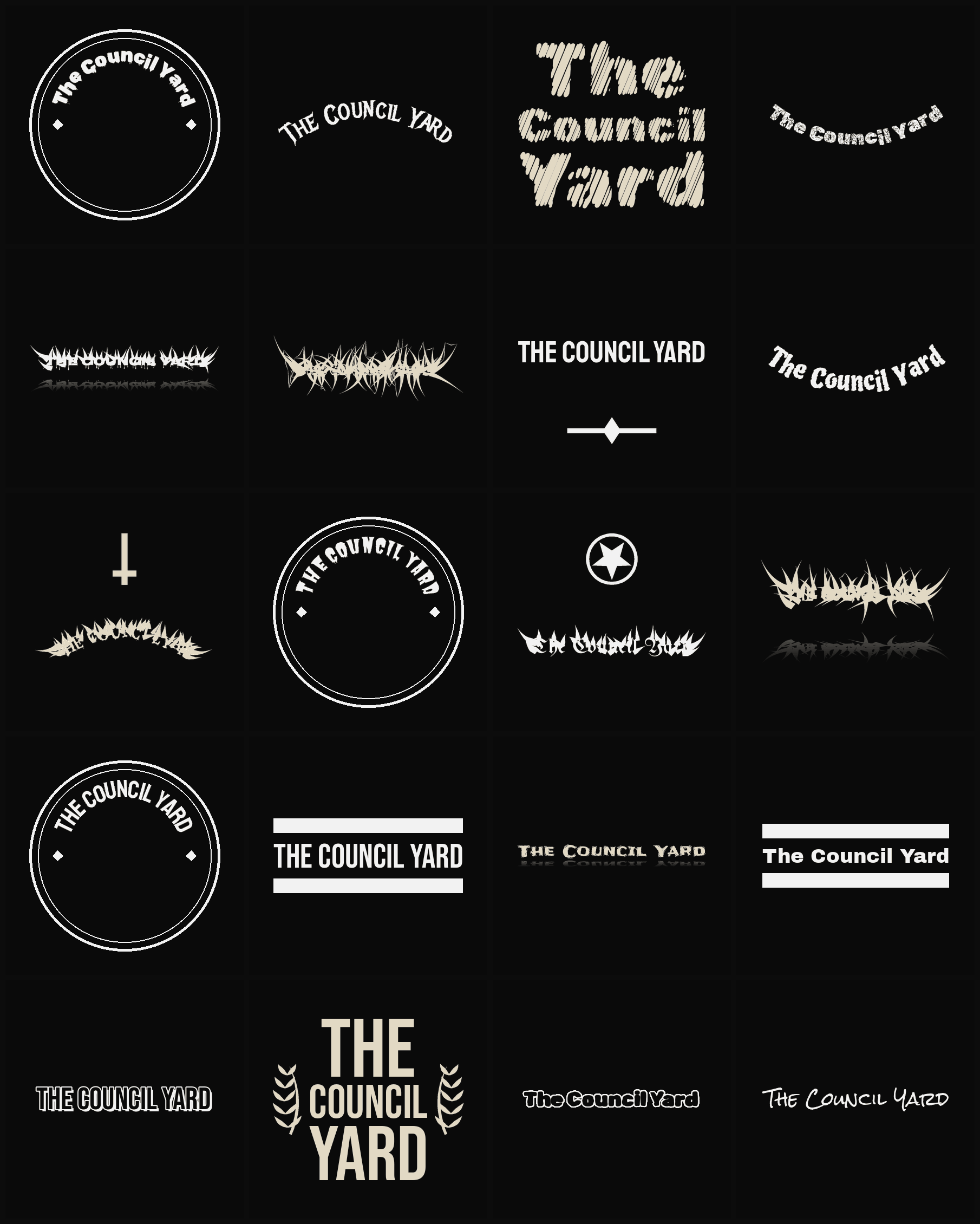 Twenty The Council Yard band logo ideas — different faces, treatments and spike settings