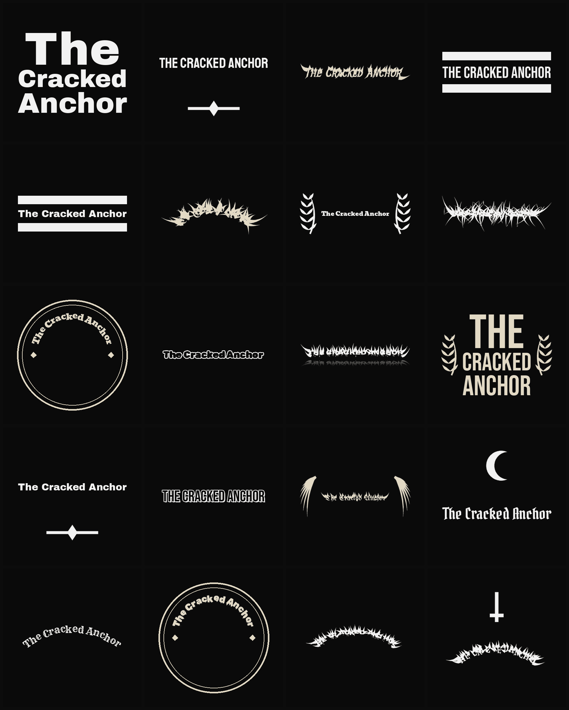 Twenty The Cracked Anchor band logo ideas — different faces, treatments and spike settings