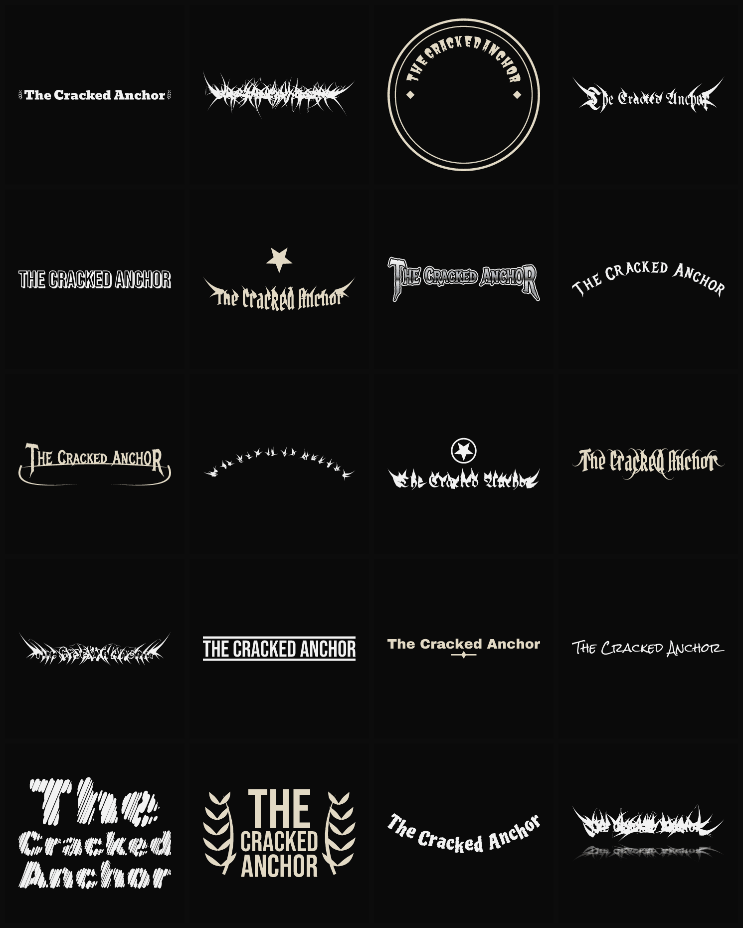 Twenty The Cracked Anchor band logo ideas — different faces, treatments and spike settings