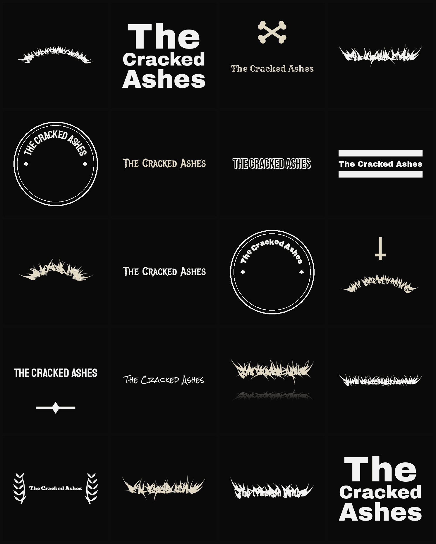Twenty The Cracked Ashes band logo ideas — different faces, treatments and spike settings