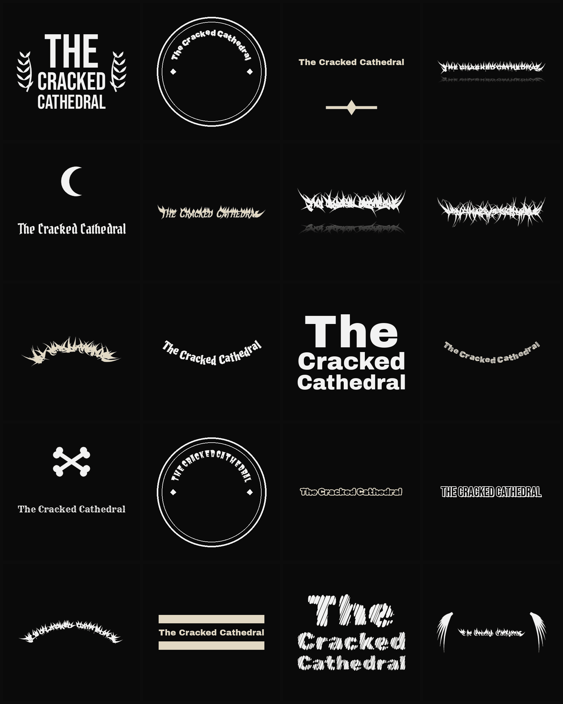 Twenty The Cracked Cathedral band logo ideas — different faces, treatments and spike settings
