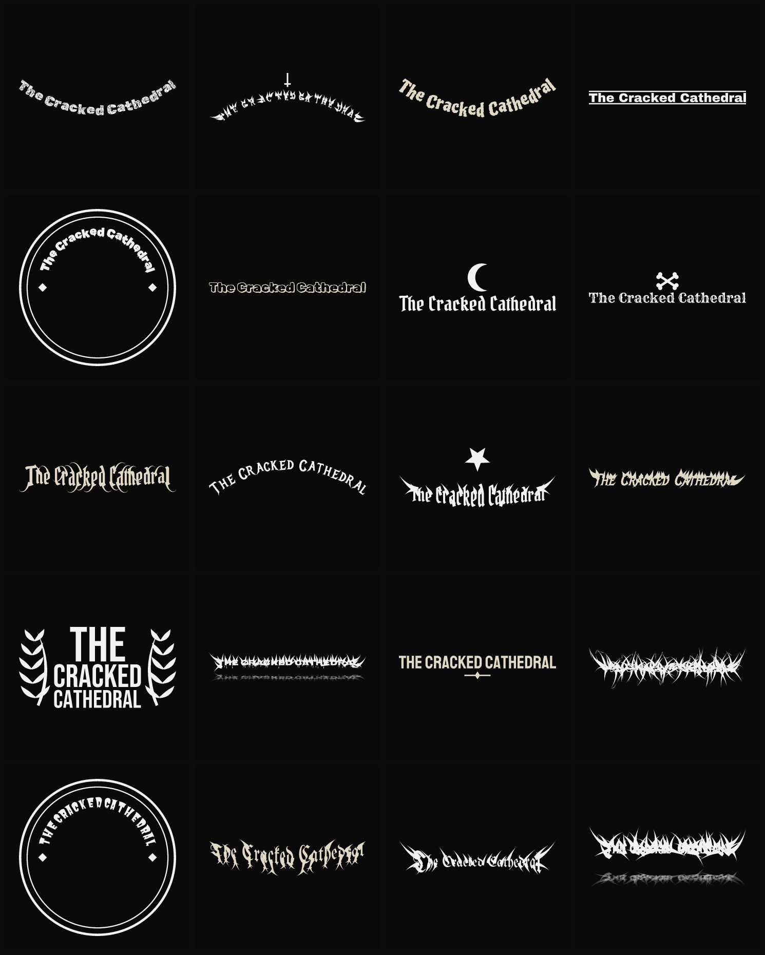 Twenty The Cracked Cathedral band logo ideas — different faces, treatments and spike settings
