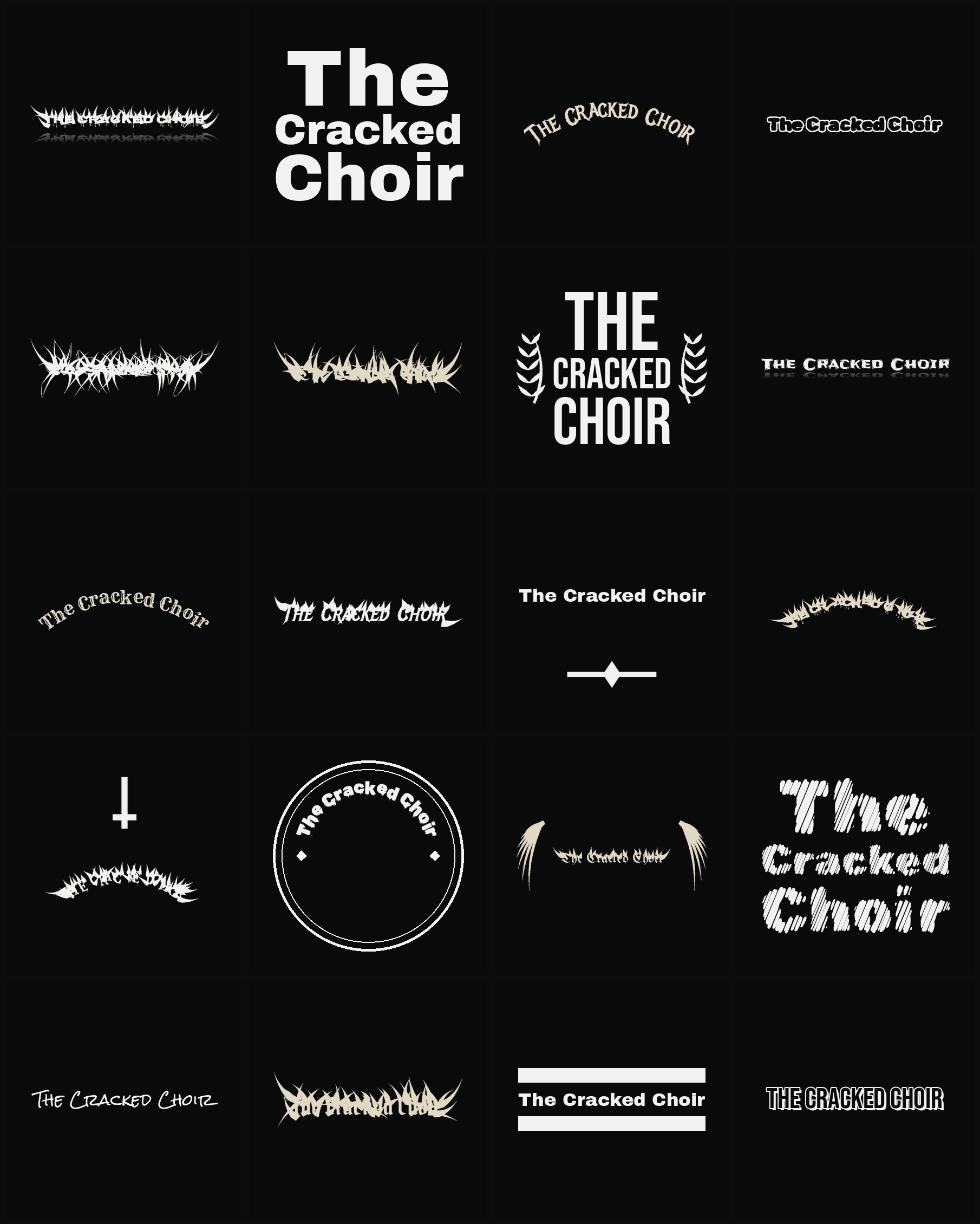 Twenty The Cracked Choir band logo ideas — different faces, treatments and spike settings