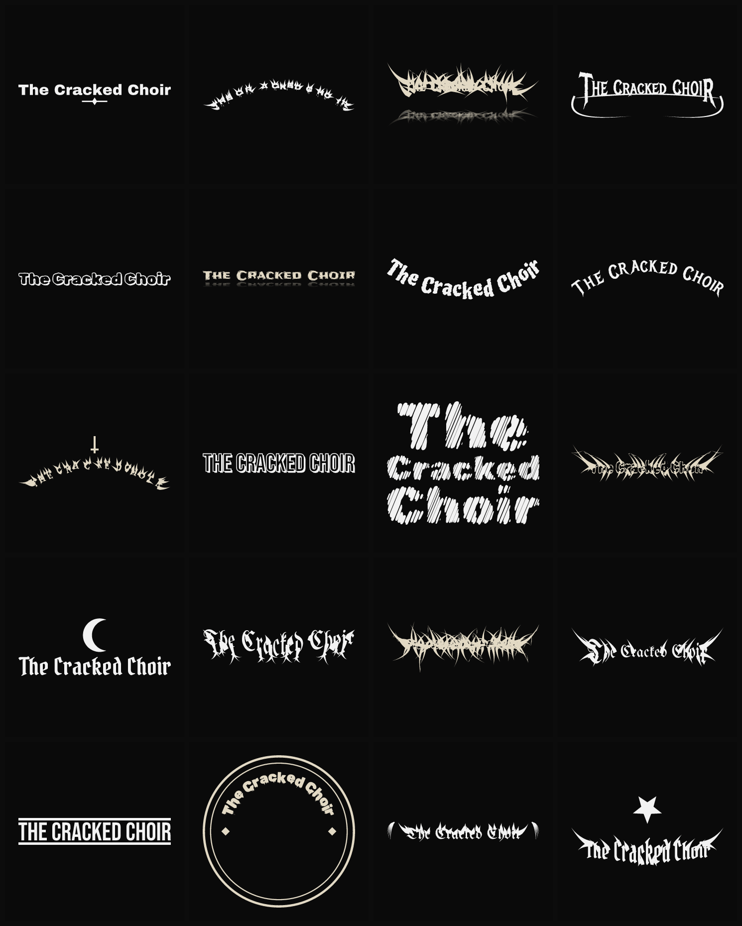 Twenty The Cracked Choir band logo ideas — different faces, treatments and spike settings