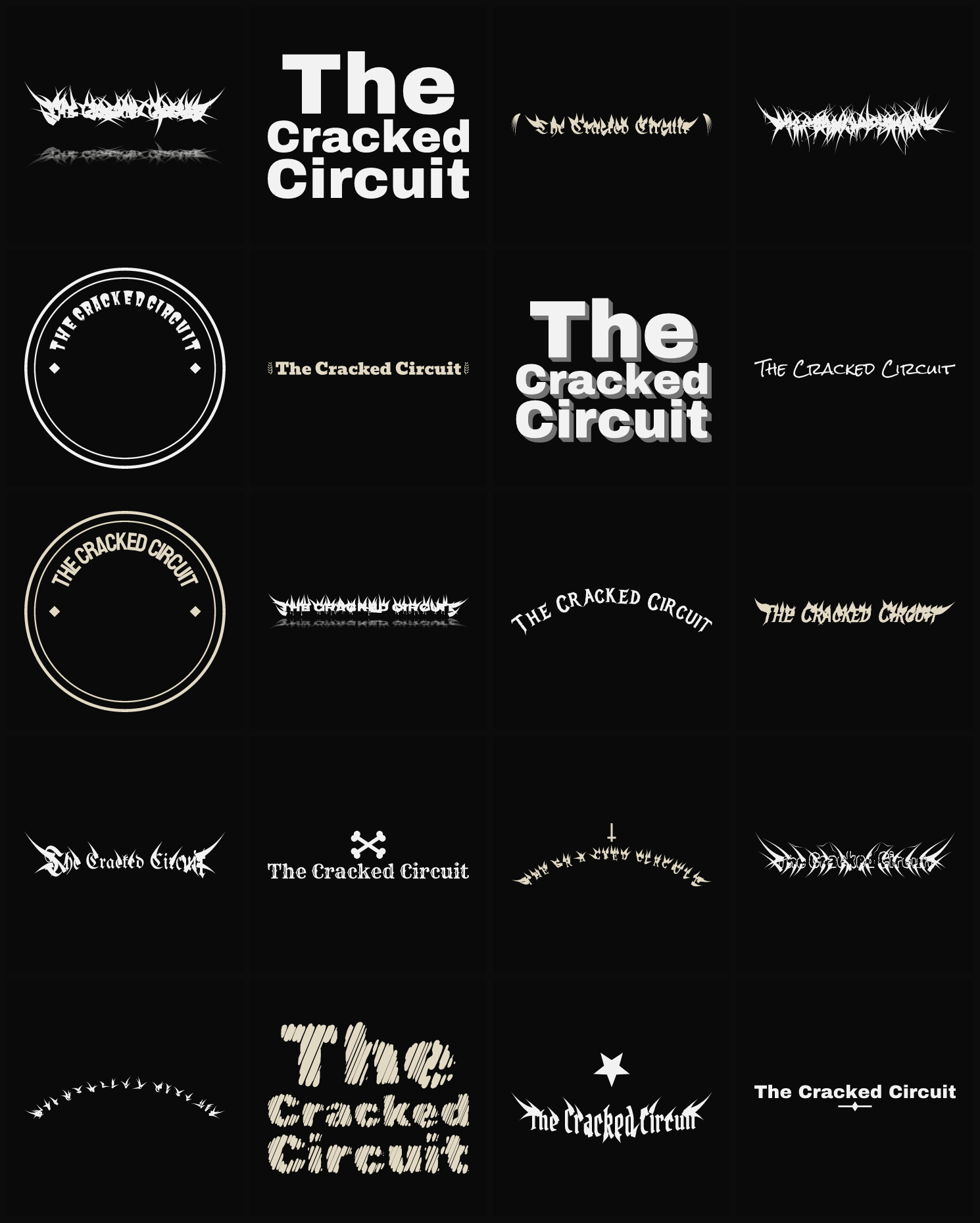 Twenty The Cracked Circuit band logo ideas — different faces, treatments and spike settings
