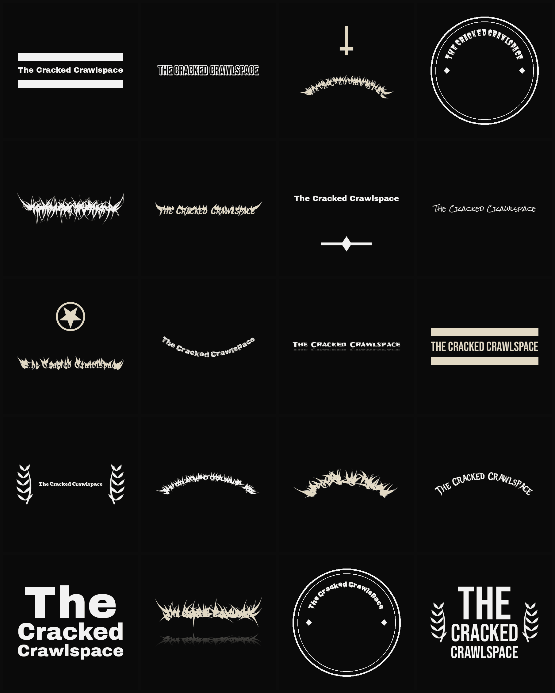 Twenty The Cracked Crawlspace band logo ideas — different faces, treatments and spike settings