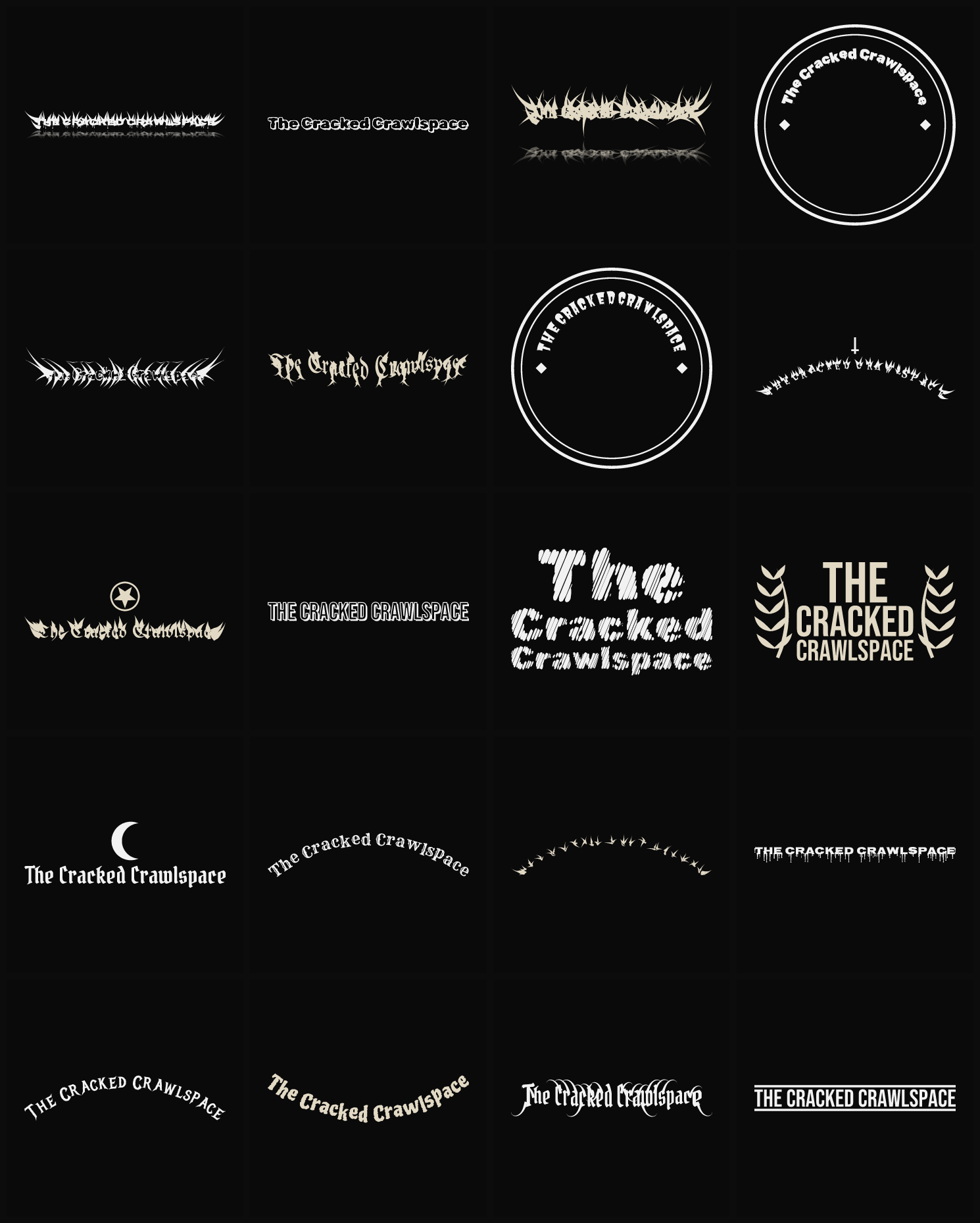 Twenty The Cracked Crawlspace band logo ideas — different faces, treatments and spike settings