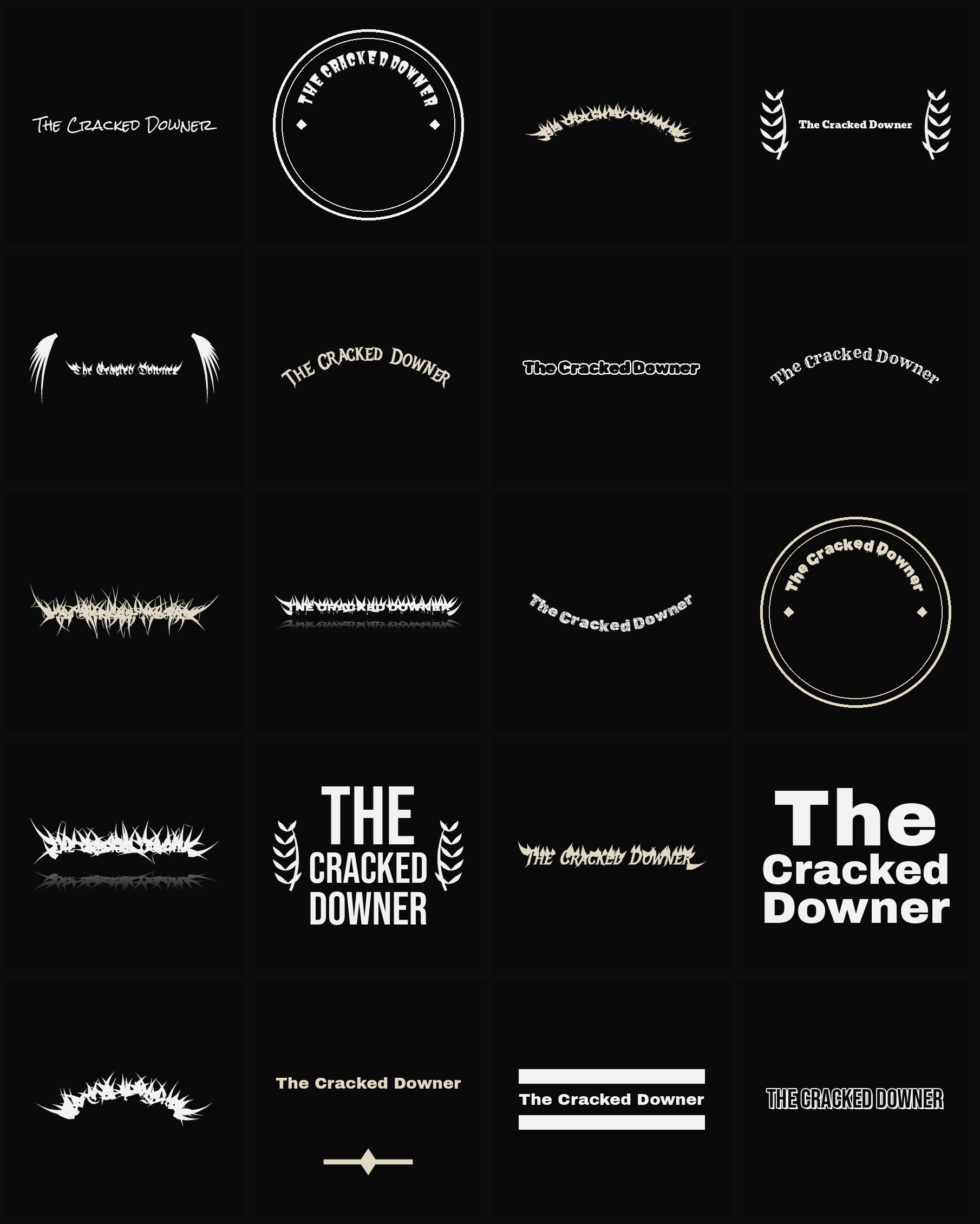 Twenty The Cracked Downer band logo ideas — different faces, treatments and spike settings
