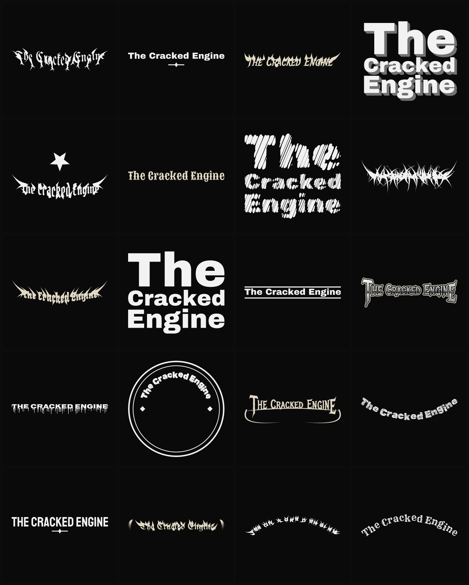 Twenty The Cracked Engine band logo ideas — different faces, treatments and spike settings