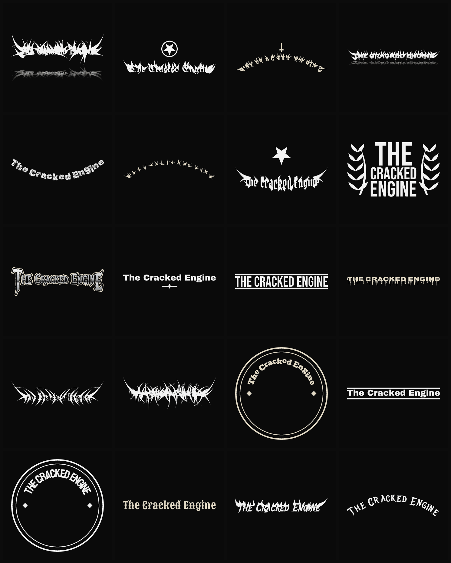 Twenty The Cracked Engine band logo ideas — different faces, treatments and spike settings