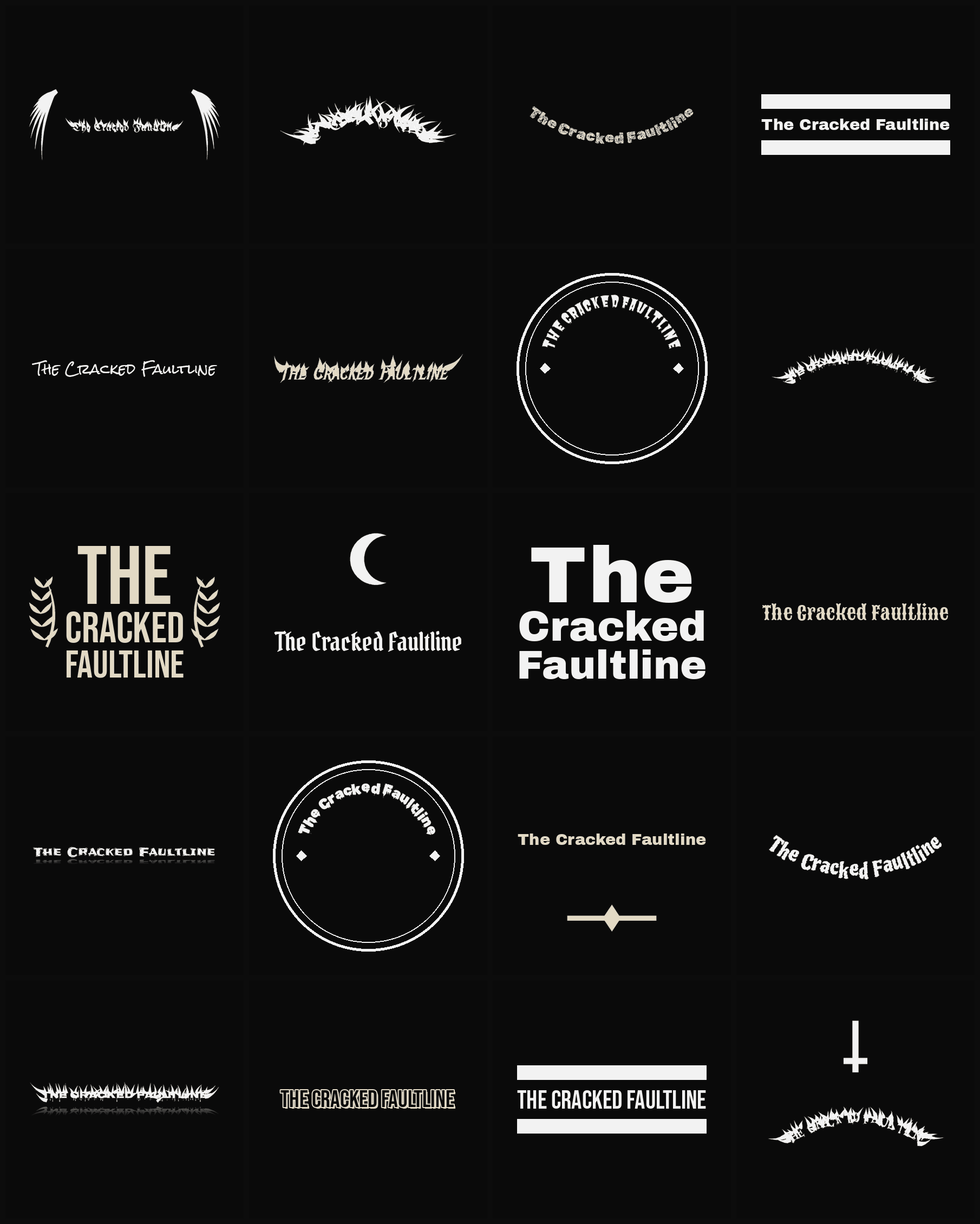 Twenty The Cracked Faultline band logo ideas — different faces, treatments and spike settings