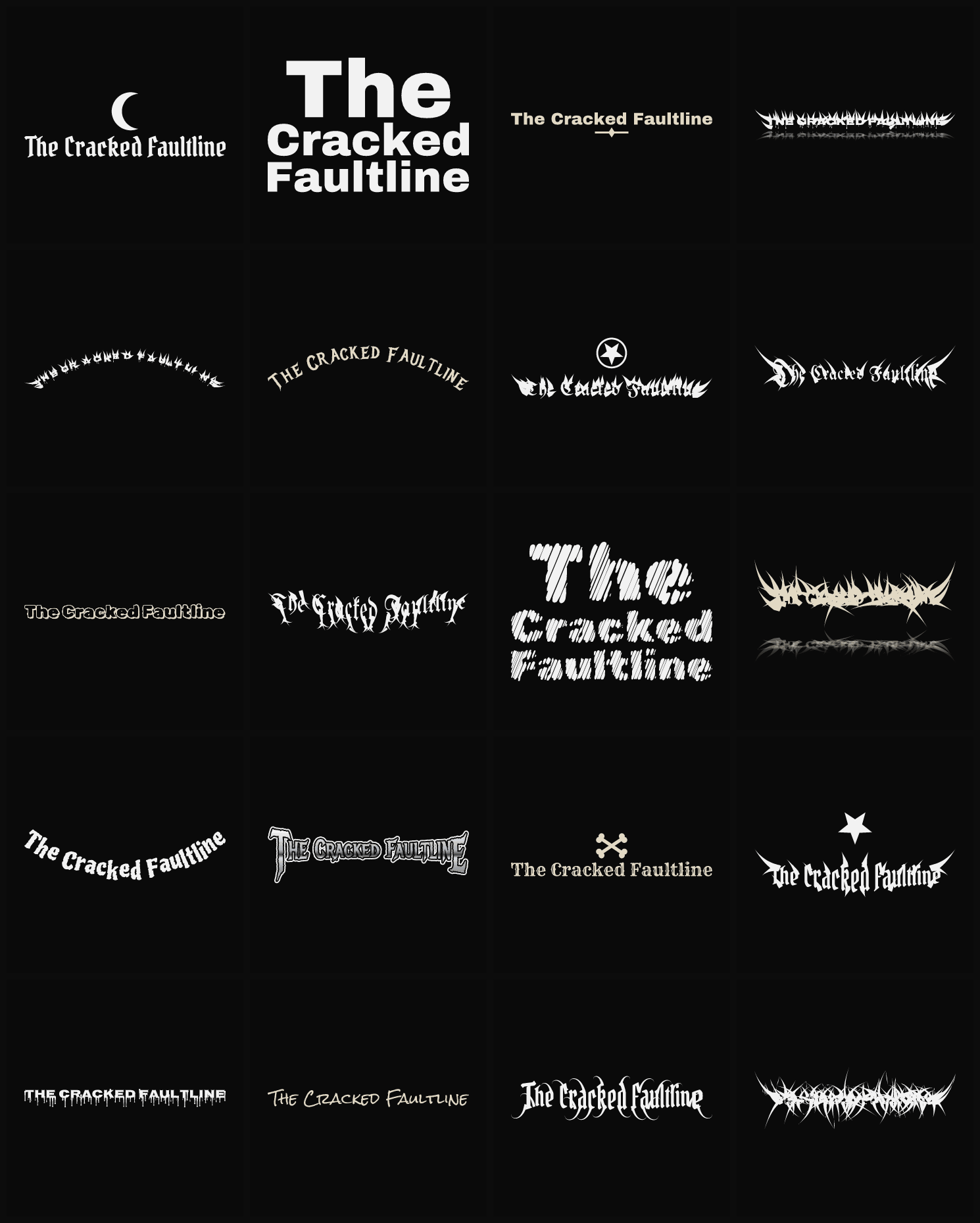 Twenty The Cracked Faultline band logo ideas — different faces, treatments and spike settings
