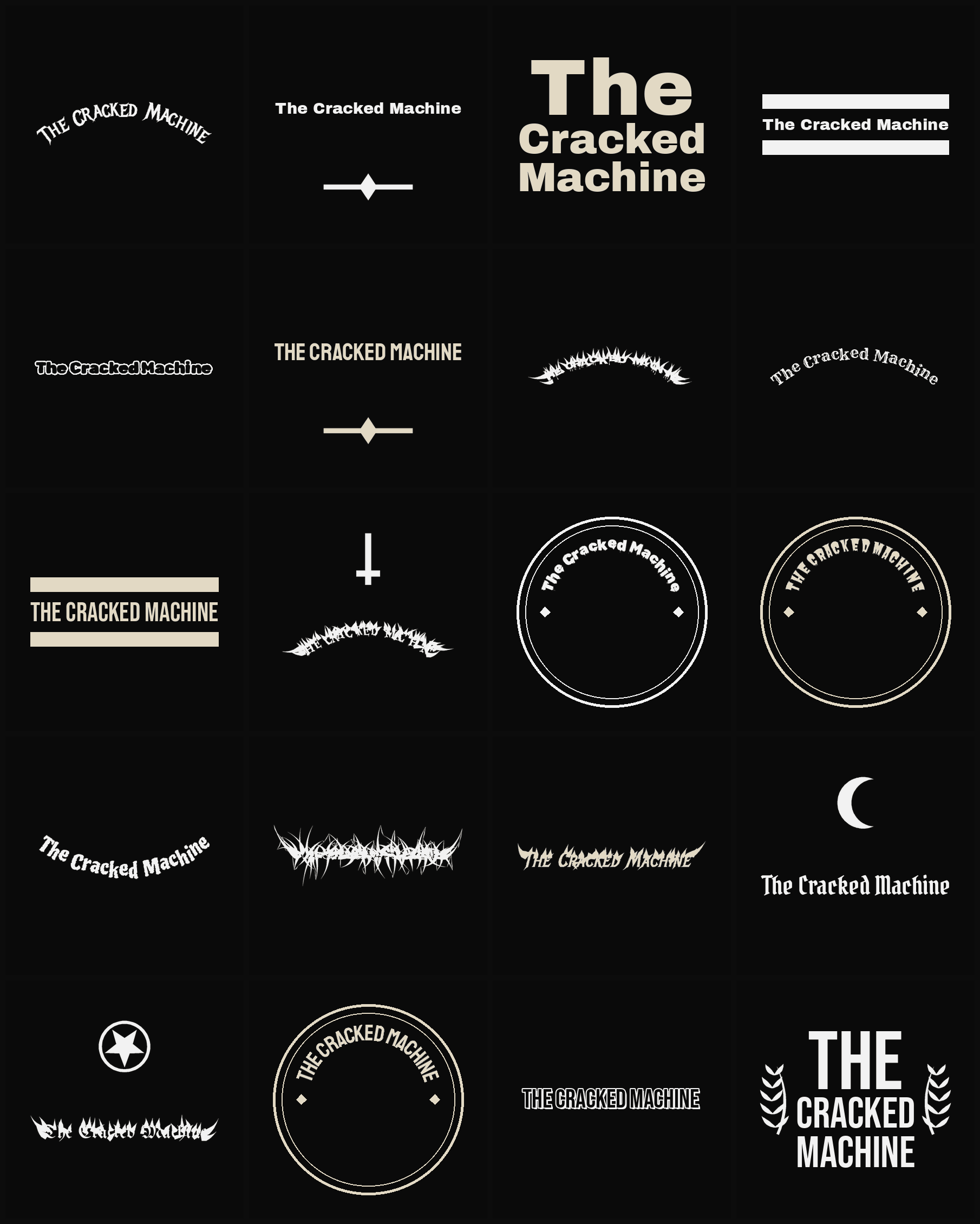 Twenty The Cracked Machine band logo ideas — different faces, treatments and spike settings