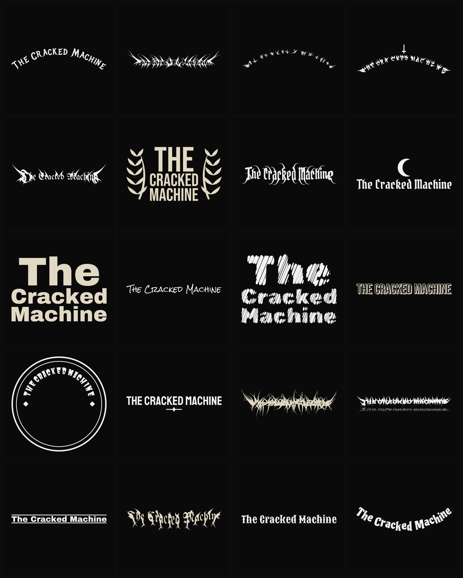 Twenty The Cracked Machine band logo ideas — different faces, treatments and spike settings