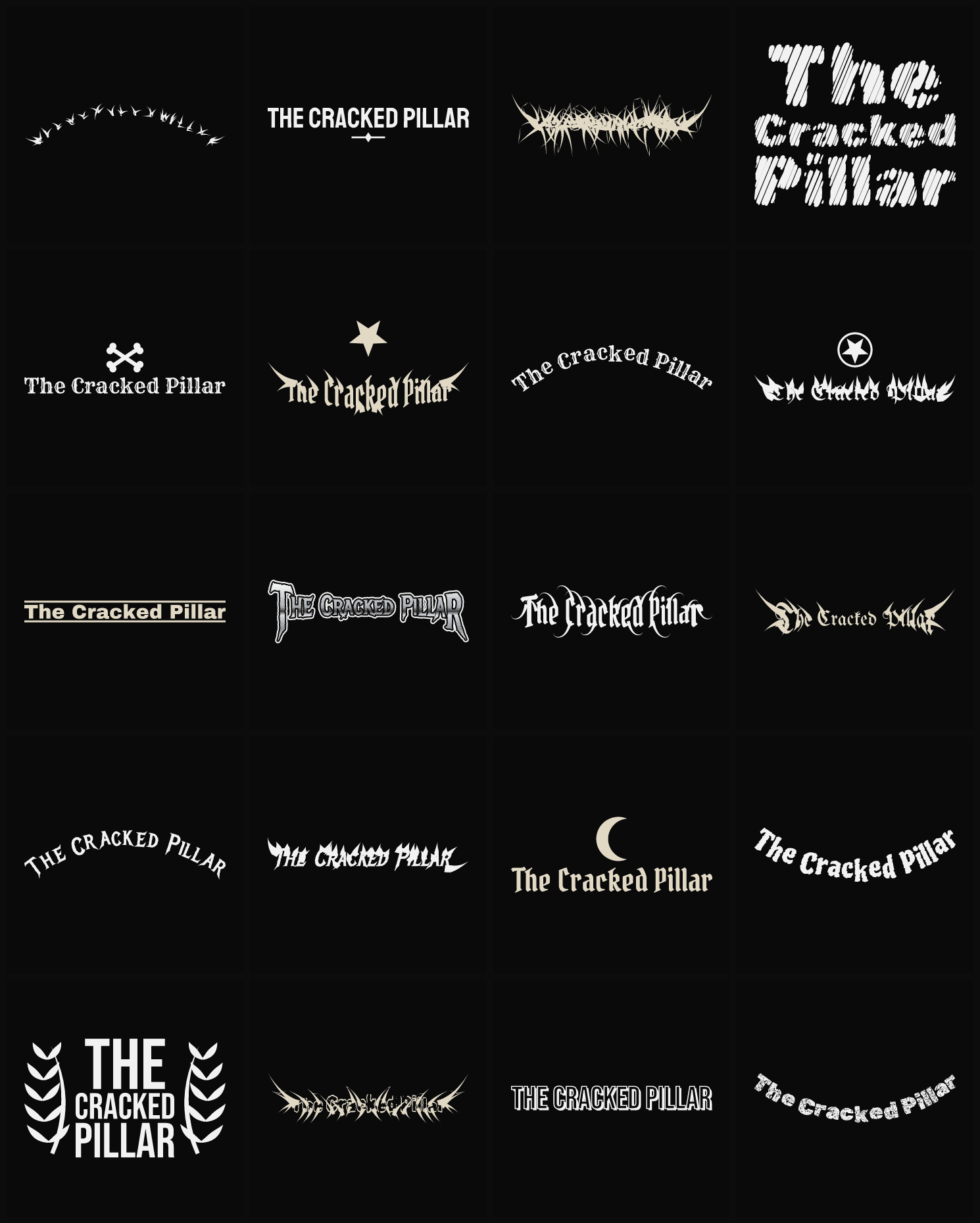 Twenty The Cracked Pillar band logo ideas — different faces, treatments and spike settings