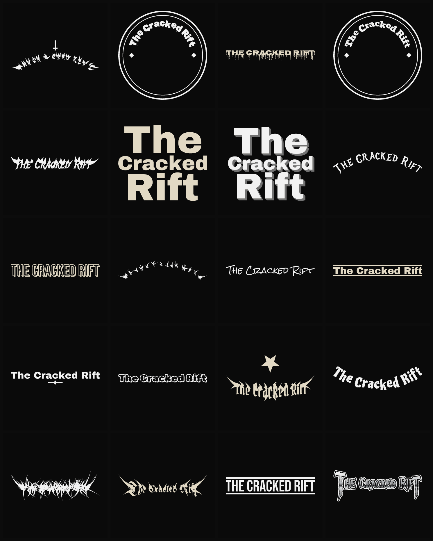 Twenty The Cracked Rift band logo ideas — different faces, treatments and spike settings