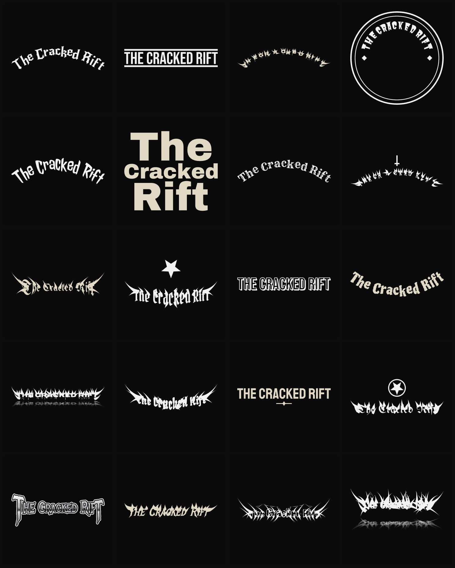 Twenty The Cracked Rift band logo ideas — different faces, treatments and spike settings